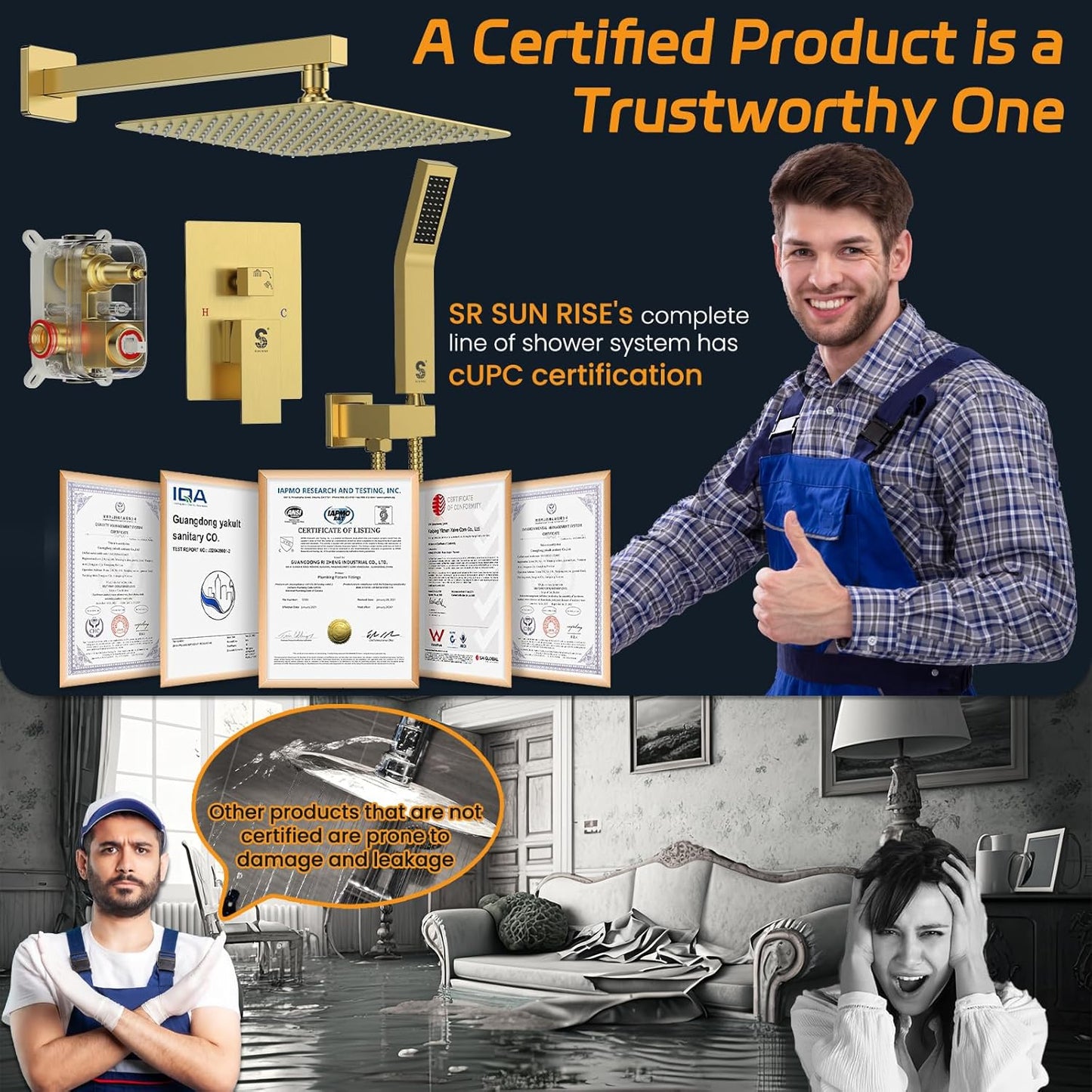 SR SUN RISE Shower Faucets Sets Complete Brushed Gold Square Rain Shower Head with Handheld Spray All Metal Shower Faucet Trim Repair Kits (Contain Shower Valve)