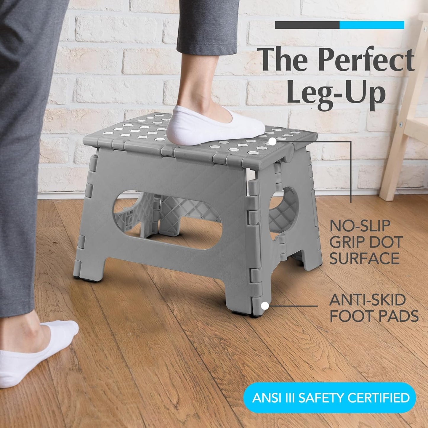 Handy Laundry - Folding Step Stool - Sturdy Enough Collapsible Stool to Support Adults and Safe Enough for Kids - Opens Easy with One Flip - Great for Kitchen, Bathroom or Bedroom (Grey - 9 Inch)