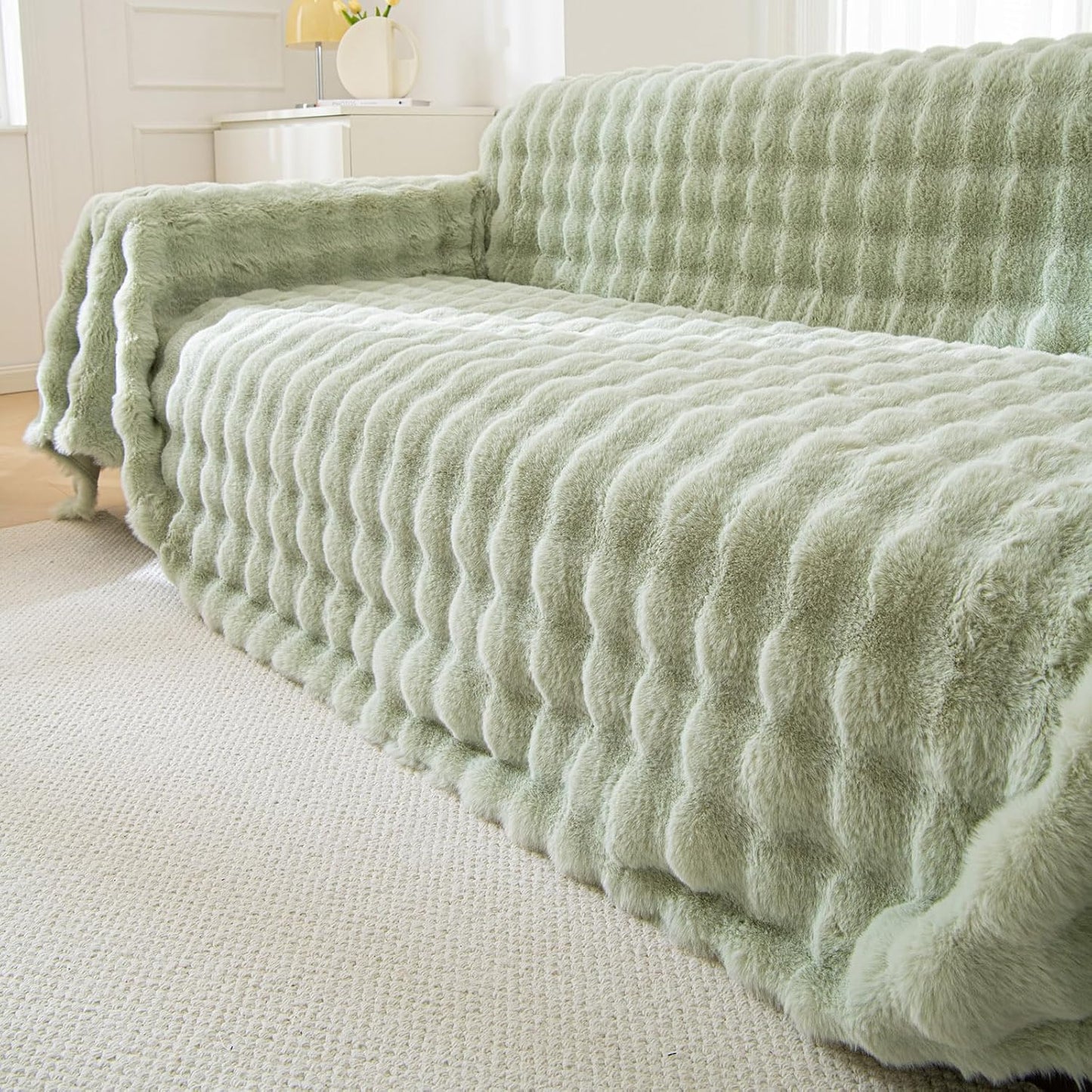 VM VOUGEMARKET Thick Faux Rabbit Fur Couch Cover 1-Piece Non-Slip Warm Soft Cozy Sofa Covers,Fluffy Plush Sofa Slipcover Furniture Protector for Kids,Pets(Green,71" x 118")
