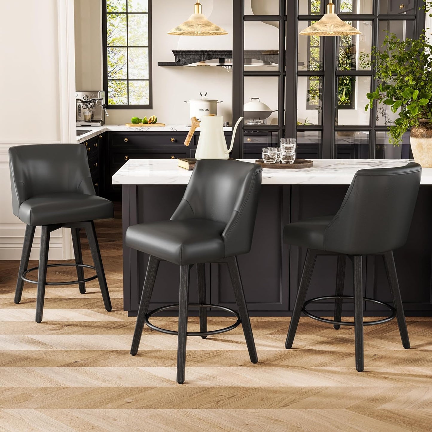 Counter Height Bar Stools Set of 3, Modern Swivel Barstools with Back and Wood Legs, Faux Leather Upholstered Bar Chairs, 26" H Kitchen Counter Stools, Kitchen Island Home Bar, Black Grey