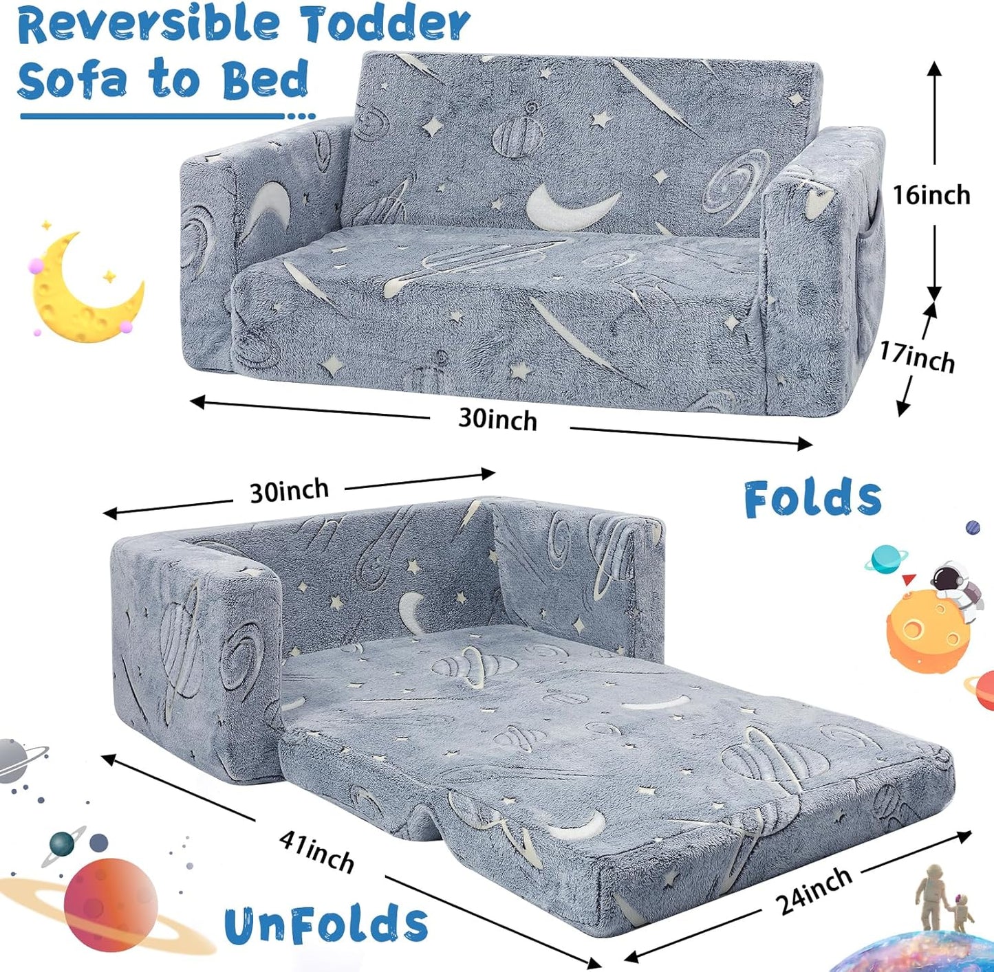 Toddler Chair Comfy,2-in-1 Soft Toddler Couch Fold Out for Kids,Convertible Sofa to Lounger,Gift for Girls and Boys Birthday,Space,Large