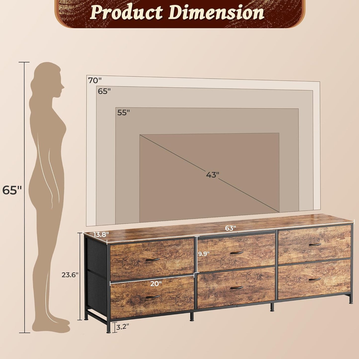 Huuger 63 Inch Long Dresser for Bedroom, Wide TV Stand for 55, 65, 70 Inch TV, 6 Drawer Dresser for Closet with Fabric Drawers, Storage Organizer for Bedroom, Entryway, Rustic Brown