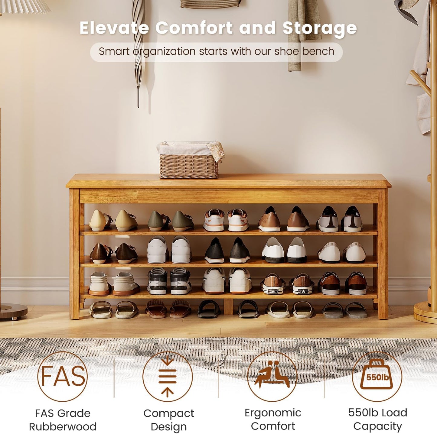 Shoe Rack Bench Seat Rubberwood 3-Tier Wooden Storage Bench 550lbs Compact Mid-Century Modern Design for Entryway, Hallway, Closet, Front Door Entrance, Foyer