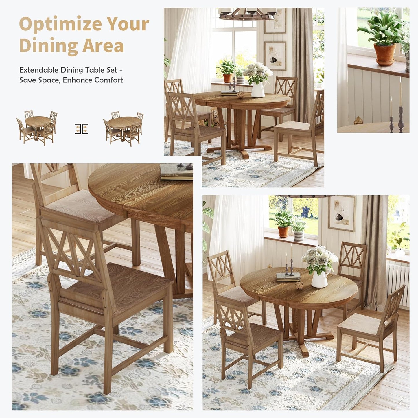 Ball & Cast Rustic 5-Piece Extendable Dining Table Set for 4,Round Trestle Table and 4 Cross Back Chairs,15.8" Removable Leaf,Wood Kitchen Sets,Intimate Gatherings or Larger Gatherings,Brown