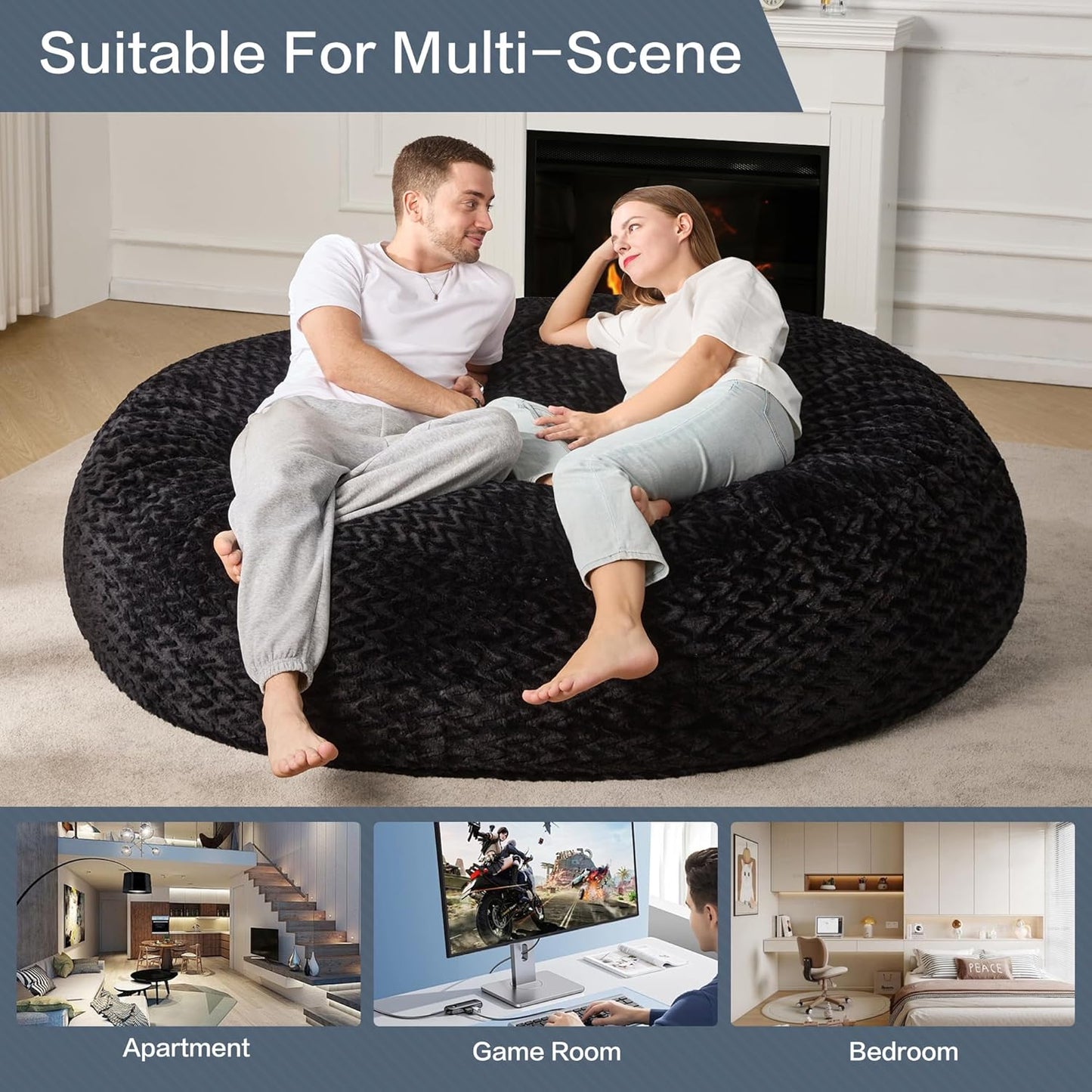 Hobestluk 6ft Bean Bag Chairs for Adults Large Beanbag Chair with Chevron Plush Fur Cover Big Bean Bag Chair for Living Room Bedroom Dorm Office - Black (70" x 70" x 15")