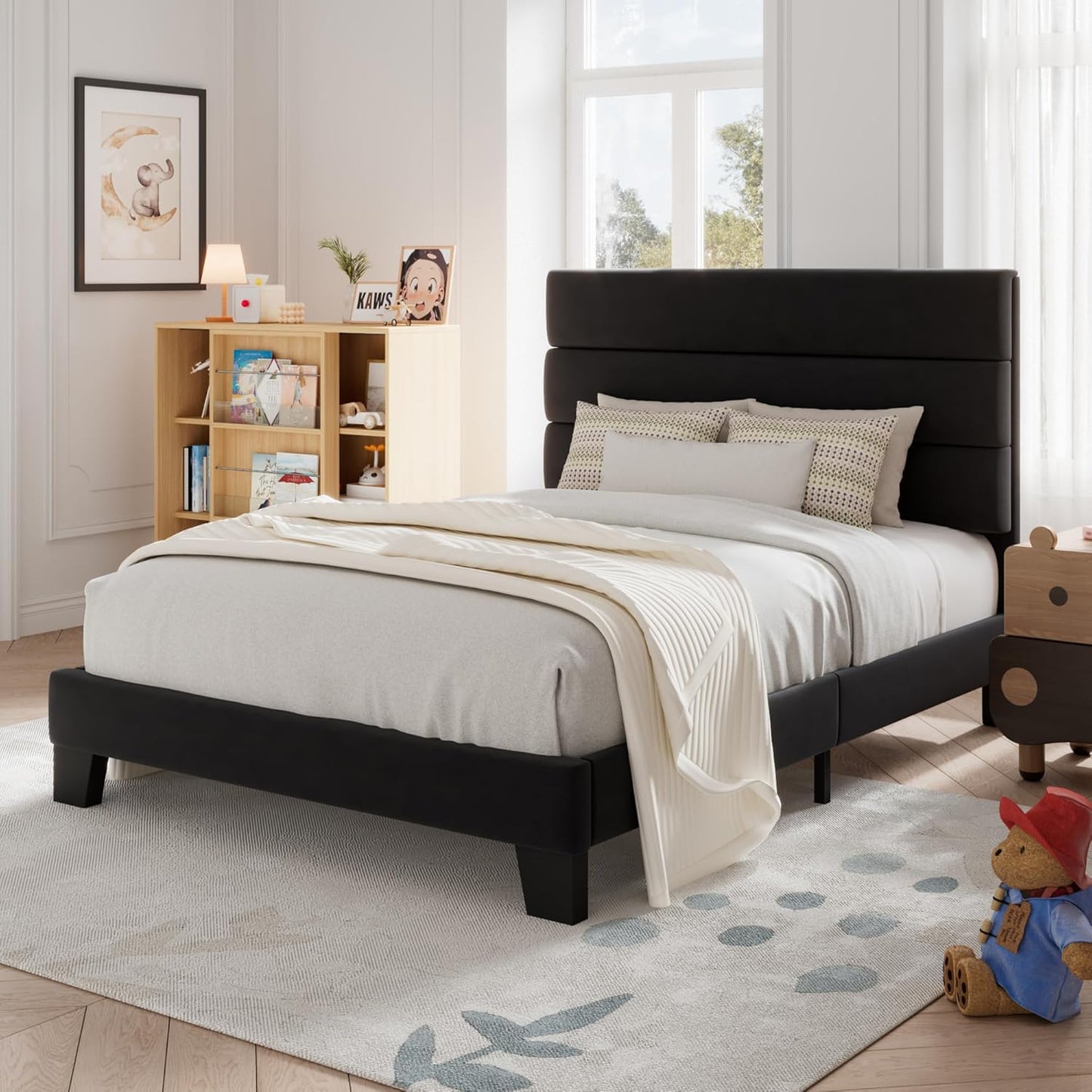 Allewie Twin Size Platform Bed Frame with Velvet Upholstered Headboard and Wooden Slats Support, Fully Upholstered Mattress Foundation/No Box Spring Needed/Easy Assembly, Black