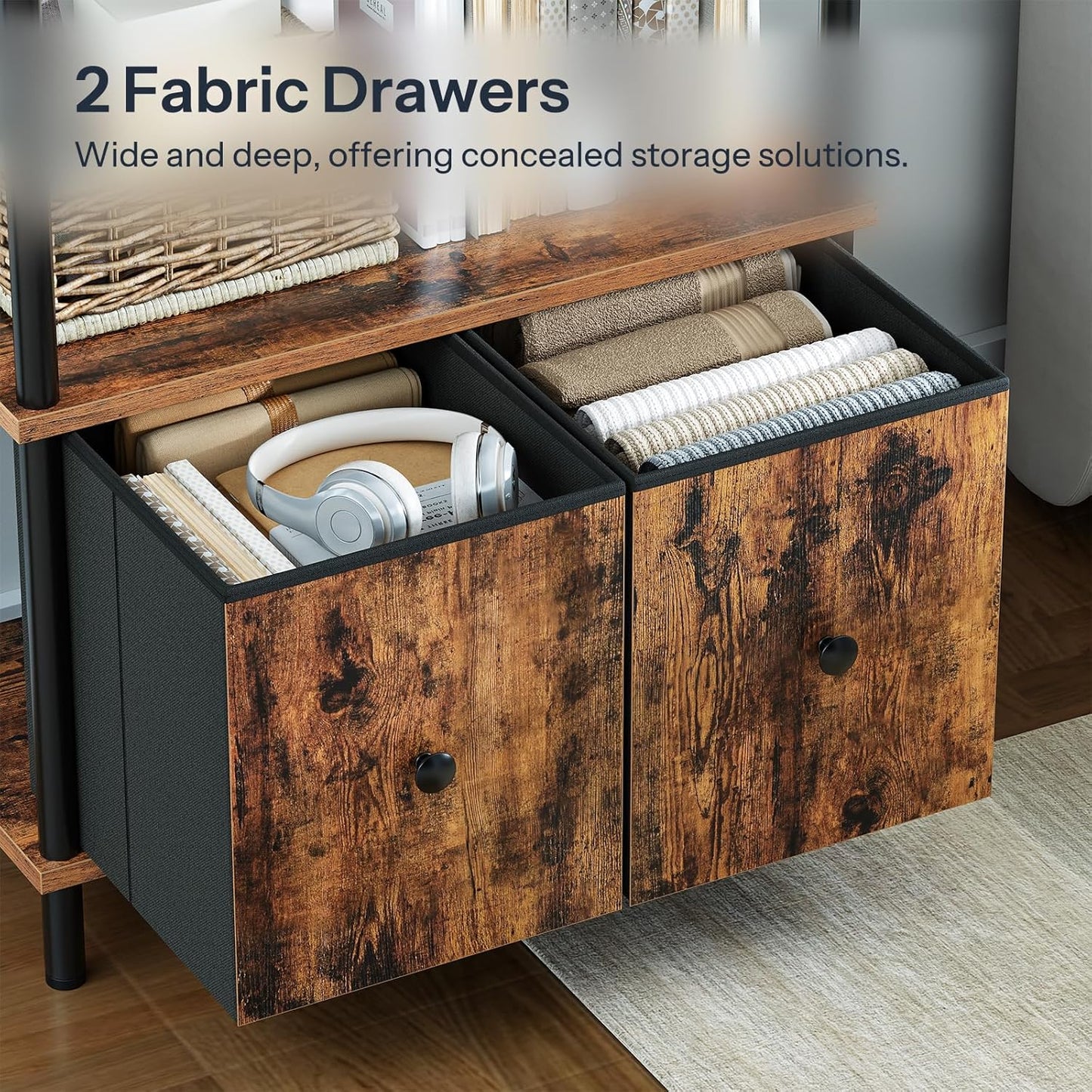 HOOBRO 5-Tier Bookshelf, Arched Bookcase with 2 Drawers, Tall Industrial Style Display Rack, Modern Standing Bookcase with Metal Frame for Office, Bedroom, Kitchen, Rustic Brown and Black BF175SJ01