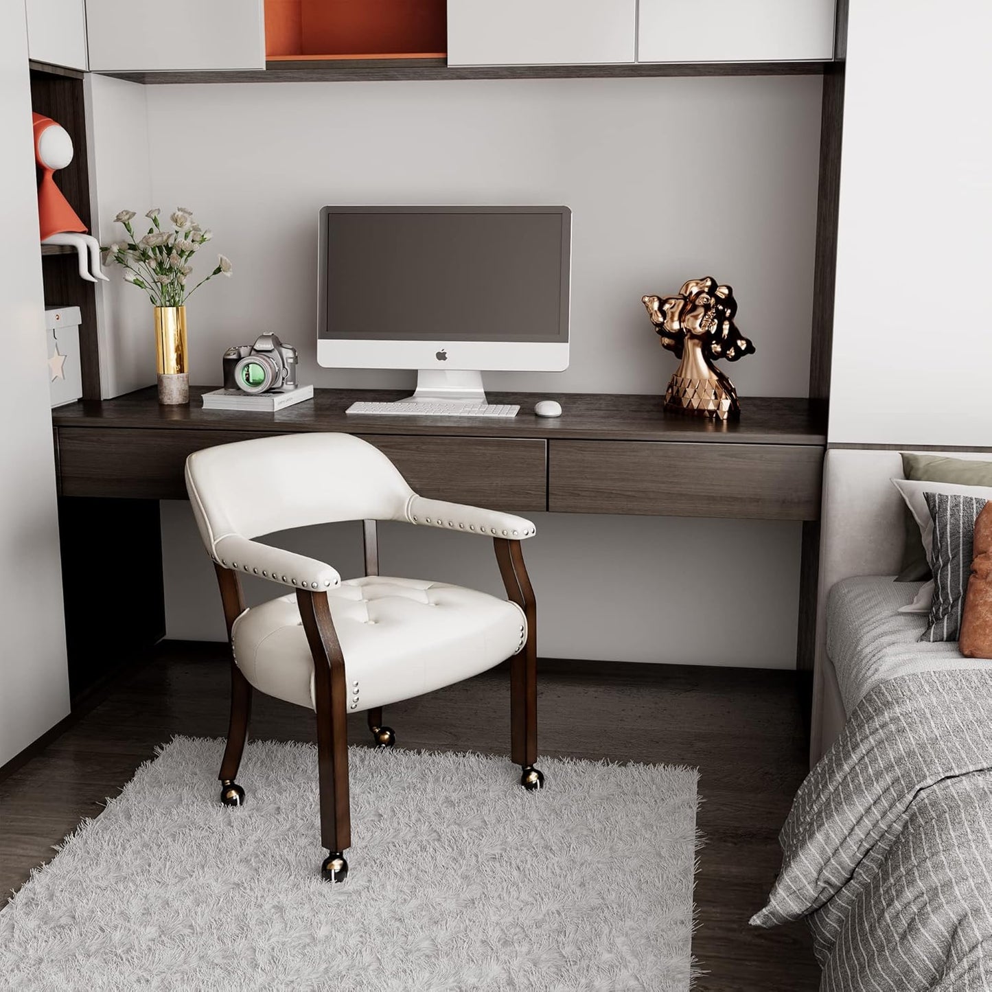 LEEMTORIG Large Dining Chairs with Casters and Arms, Rolling Dining Chairs with Wheels, Accent Solid Wood Boss Caption's Chairs, 26" D x 25.2" W x 31.5" H, Espresso Legs & Ivory PU SY-318-WT