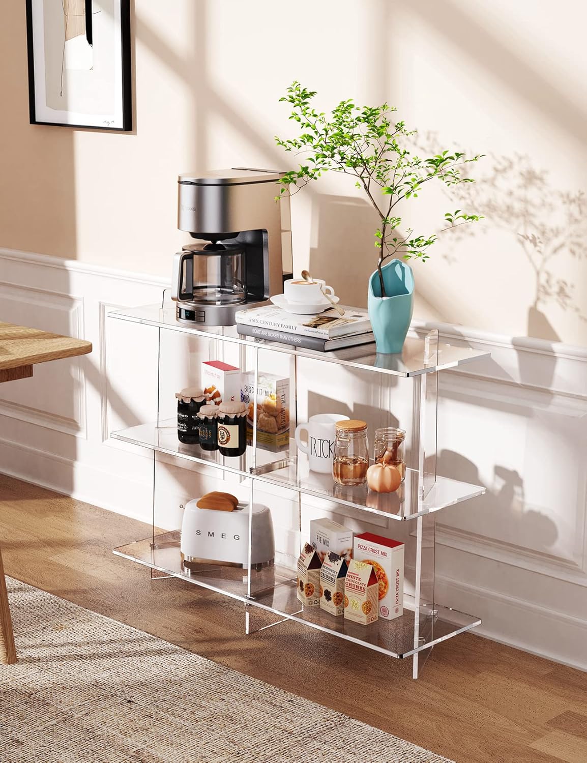 Acrylic Bookshelf, Small 3 Tier Open Bookcase for Small Spaces,Sofa Table, Hallway Entry Table for Home Living Room (Clear, 39.4'' x 11.8'' x 31.5'')