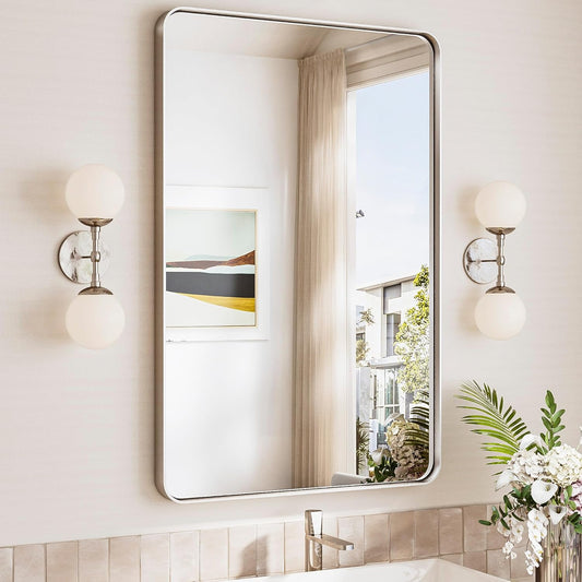 TokeShimi 24x36 Brushed Nickel Bathroom Mirror,Wall Mirror for Bathroom with Tempered Glass,Nickel Bathroom Vanity Mirror for Over Sink,Aluminum Framed Mirror(Horizontal/Vertical)