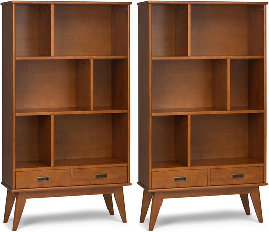 SIMPLIHOME Draper 35 inch Mid-Century Modern 6 Cubbie Bookcase with Drawer (Set of 2) in Teak Brown for The Living Room, Study Room and Office