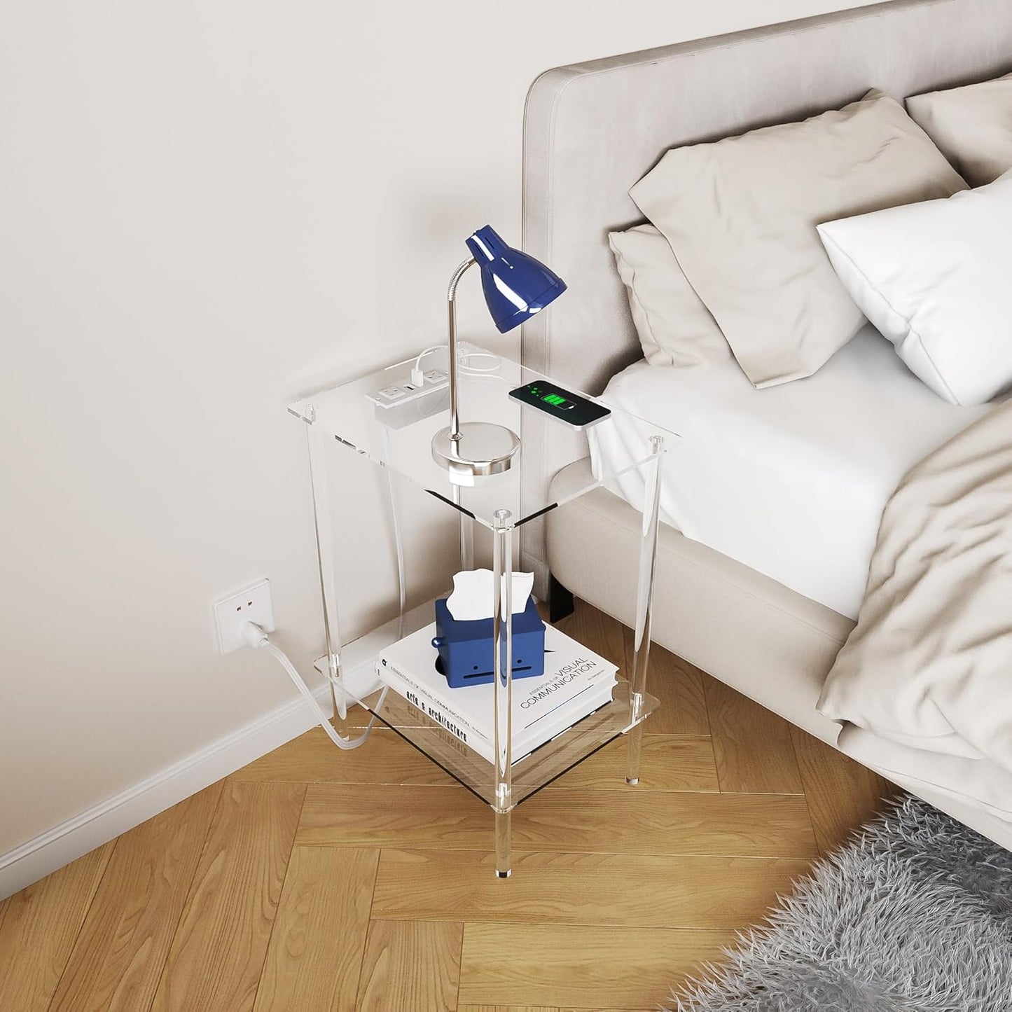 Eglaf Acrylic Side Table with Charging Station & USB Ports - Small Nightstand Bedside Table End Table for Living Room, Bedroom - 15.7'' L x 11.8'' W x 21.7'' H, 2 Tier