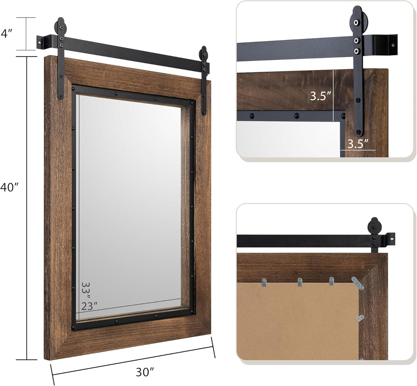 YOSHOOT Farmhouse Barn Door Mirror, 40"x30" Rustic Bathroom Mirror, Wood Frame Wall Mirror, Wooden Mirror for Living Room Bedroom Entryway Wall Décor, Vertical Hanging ONLY