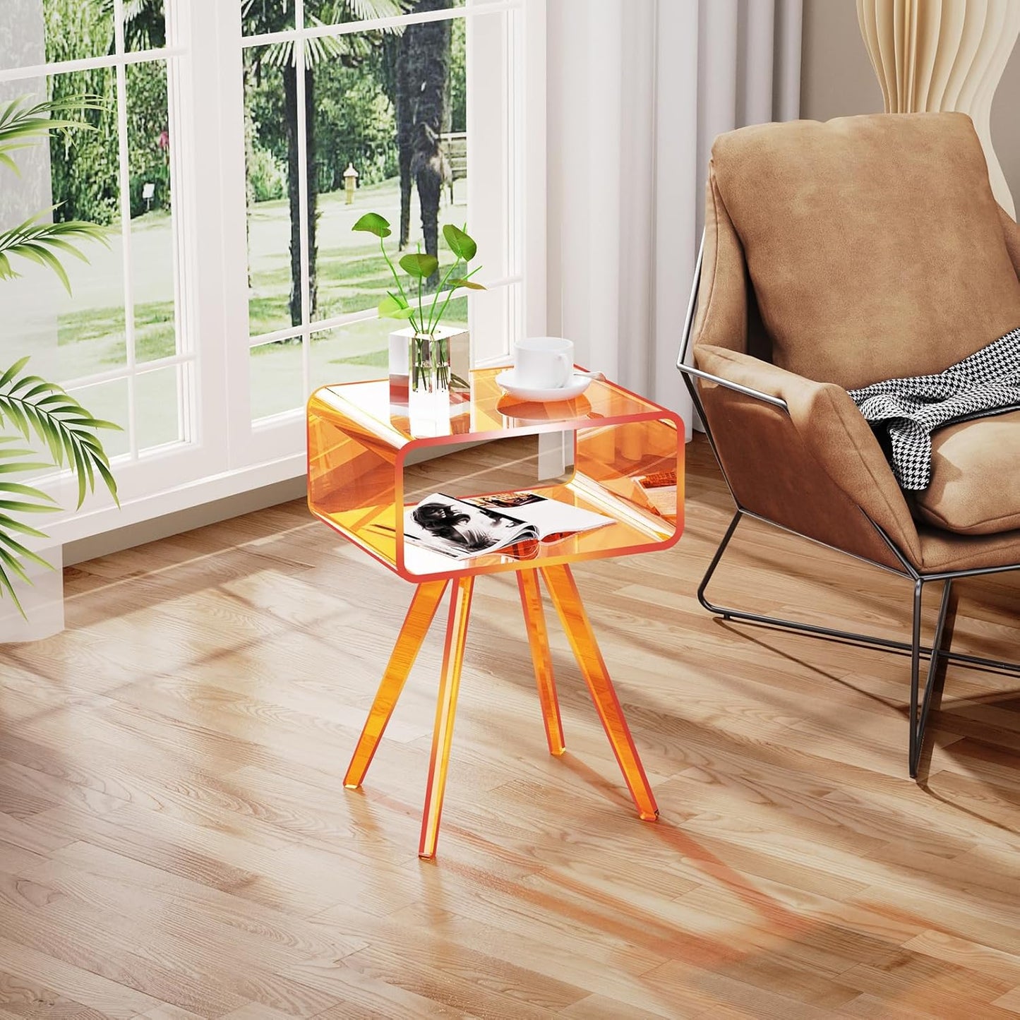 Acrylic Side Table, Acrylic Nightstand Bedside Table for Bedroom (Orange, 16.5'' x 11.8'' x 21.6'')