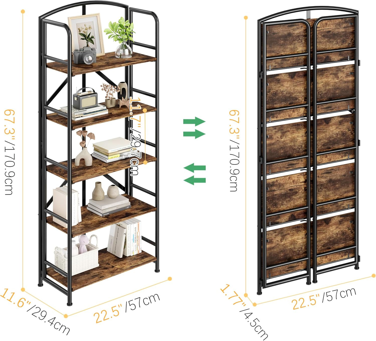 No-Assembly Folding Gold Bookshelf Storage Shelves 5 Tiers Vintage Multifunctional Plant Flower Stand Storage Rack Shelves Bookcase for Home Office