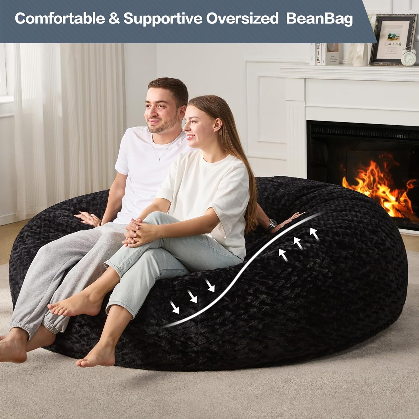 Hobestluk 6ft Bean Bag Chairs for Adults Large Beanbag Chair with Chevron Plush Fur Cover Big Bean Bag Chair for Living Room Bedroom Dorm Office - Black (70" x 70" x 15")