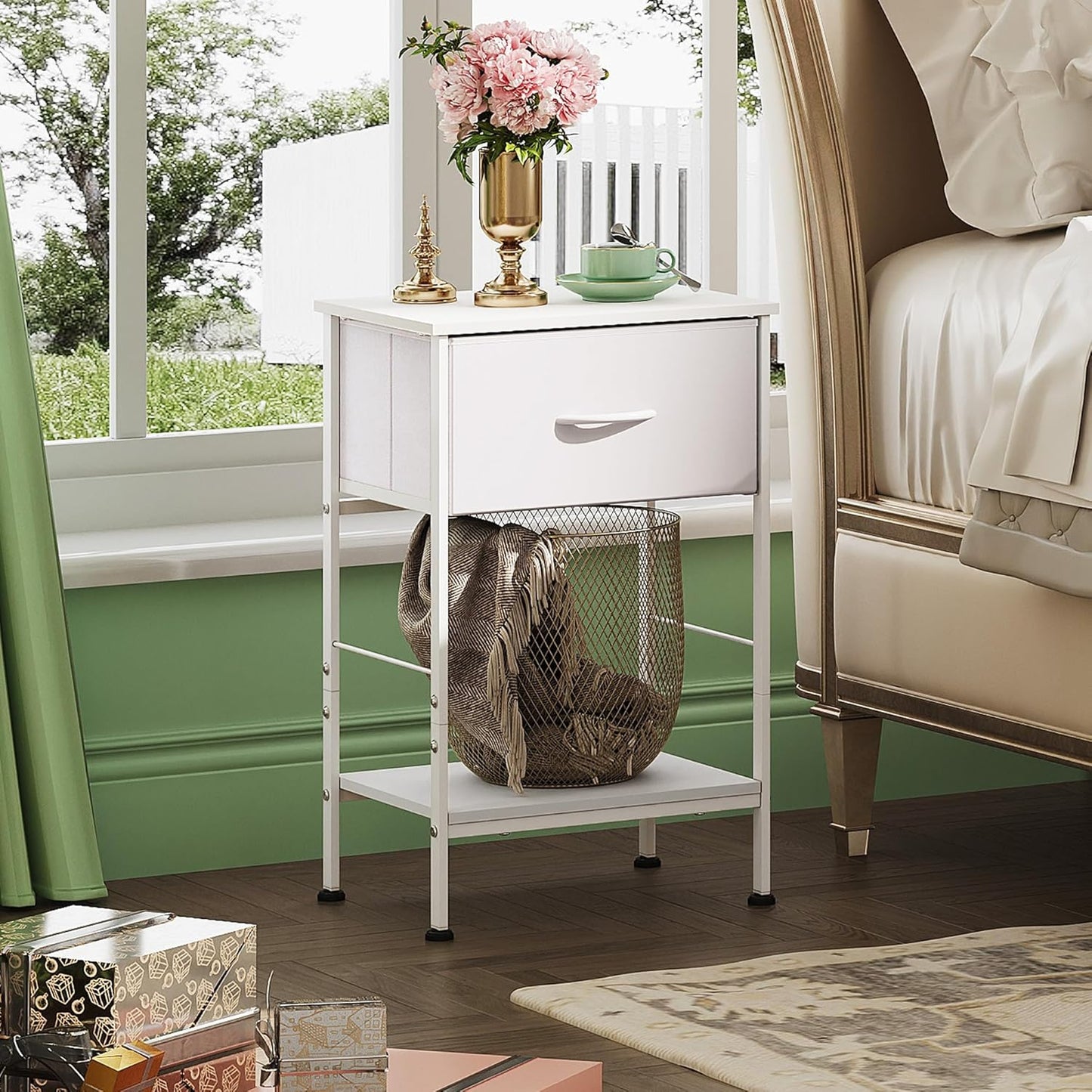 WLIVE White Nightstand, Night Stand with Fabric Storage Drawer and Open Wood Shelf, Small End Side Table, Bedside Table for Bedroom, Dorm, Easy Assembly, 25.03" Height