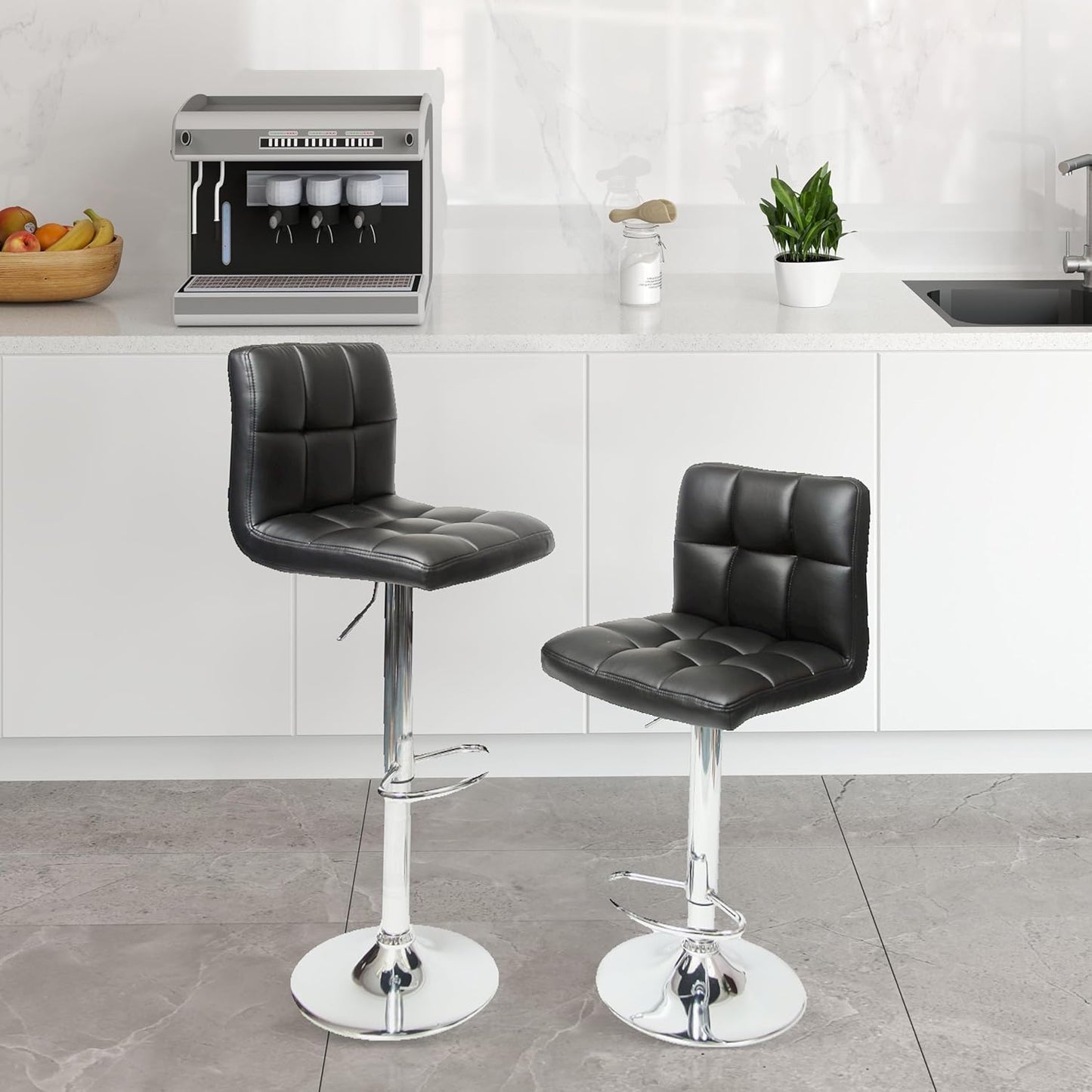 Roundhill Furniture Swivel Black Bonded Leather Adjustable Hydraulic Bar Stool, Set of 2