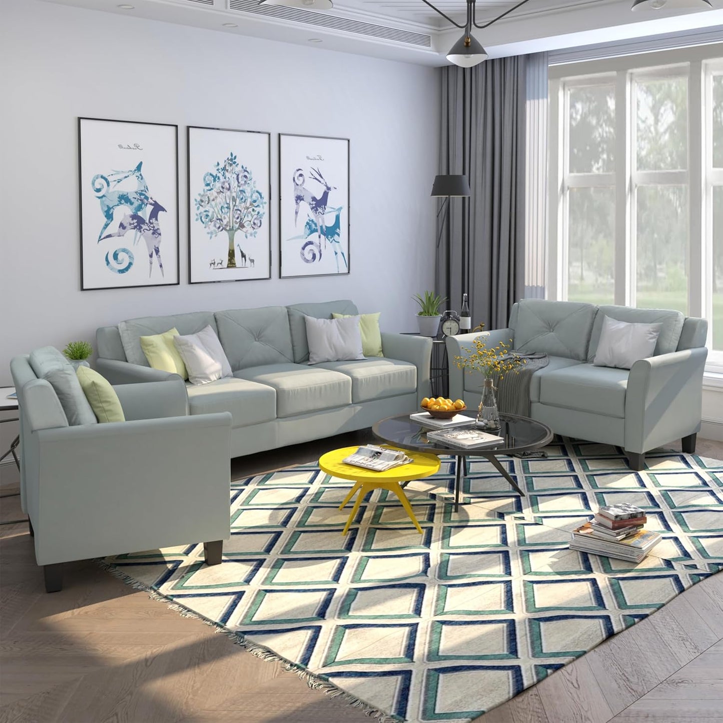 3 Pieses Modern Living Room Sofa Sets Polyester Blend Button Tufted Sofa&Couch Include 3 Seaters Couch, Loveseat and Armchair with Ergonomically Curved Armrests for Home Apartment Office