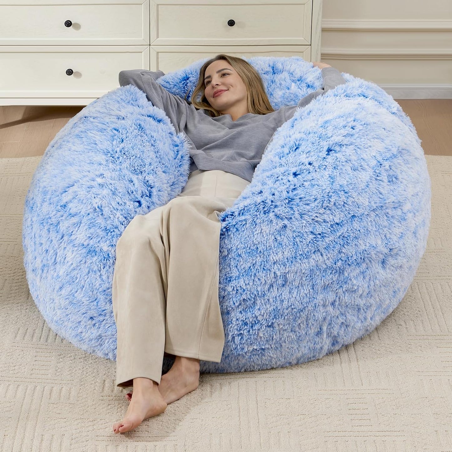 Bean Bag Covers Only, Fluffy Stuffed Beanbag Chair Covers No Filler, Washable Bean Bags Cover for Adults, Stuffed Animal Bean Bag Anti-Slip, 6FT, Blue
