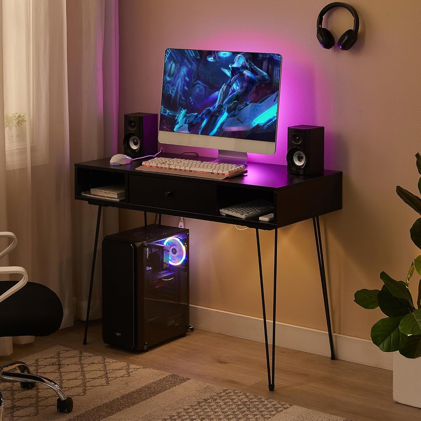 VECELO 39.3" Home Office Work Table with Drawers,Computer Desk with Hairpin Leg for Writing/Study,Black