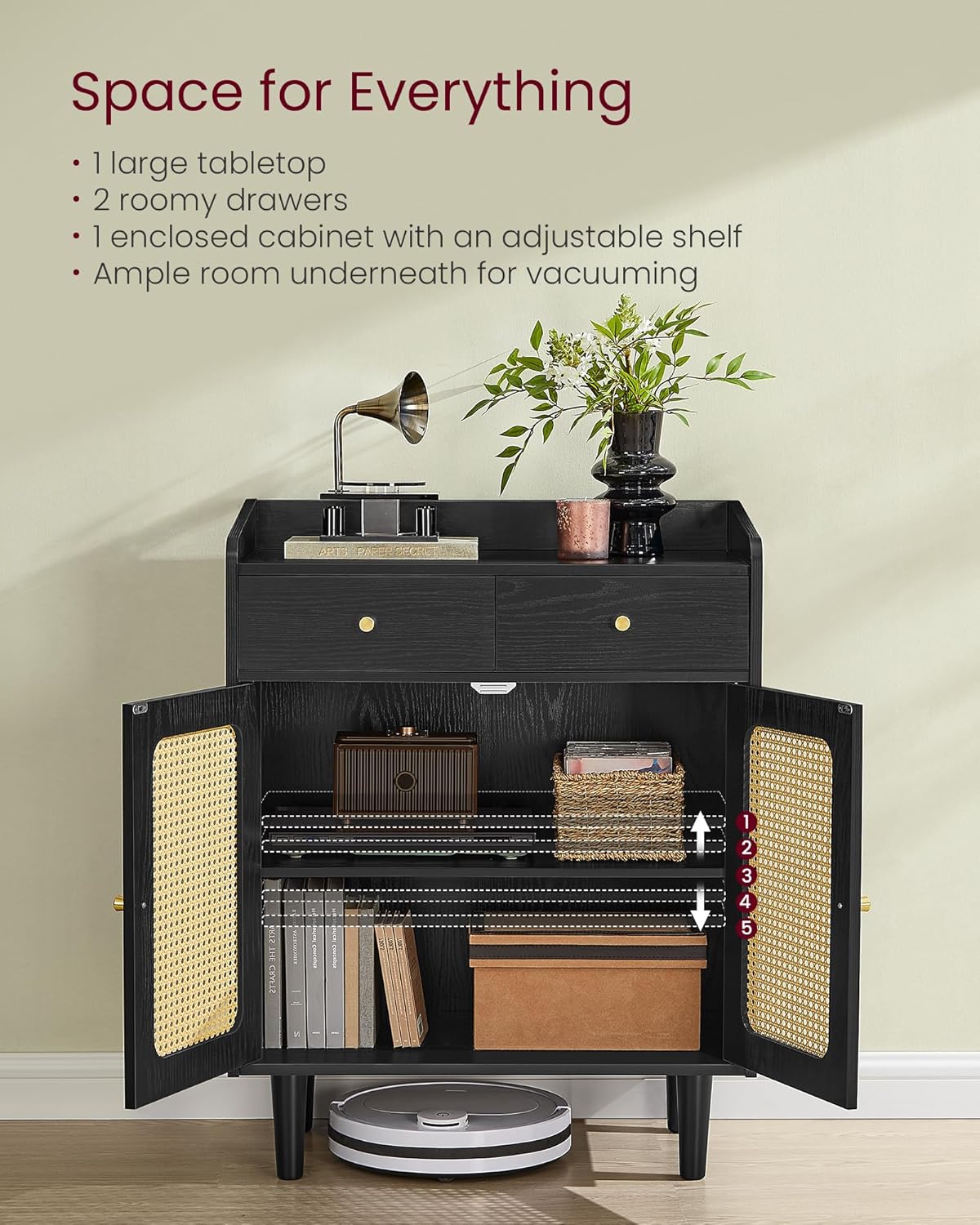 VASAGLE BOHOVEN Collection - Buffet Cabinets, Set of 2, Sideboard Storage Cabinets with Rattan-Like Doors and Drawers, Accent Cabinets, Adjustable Shelf, Boho Style, for Living Room, Ebony Black