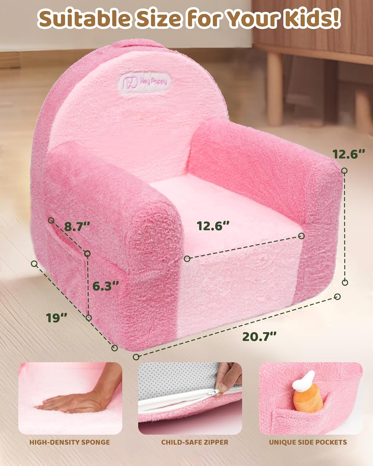 Toddler Chair, Comfy Foam Kids Couch with Soft Velvet Cover, Toddler Couch for Gaming and Studying, Kids Sofa That Fits Nicely with Any Modern Decor, Pink