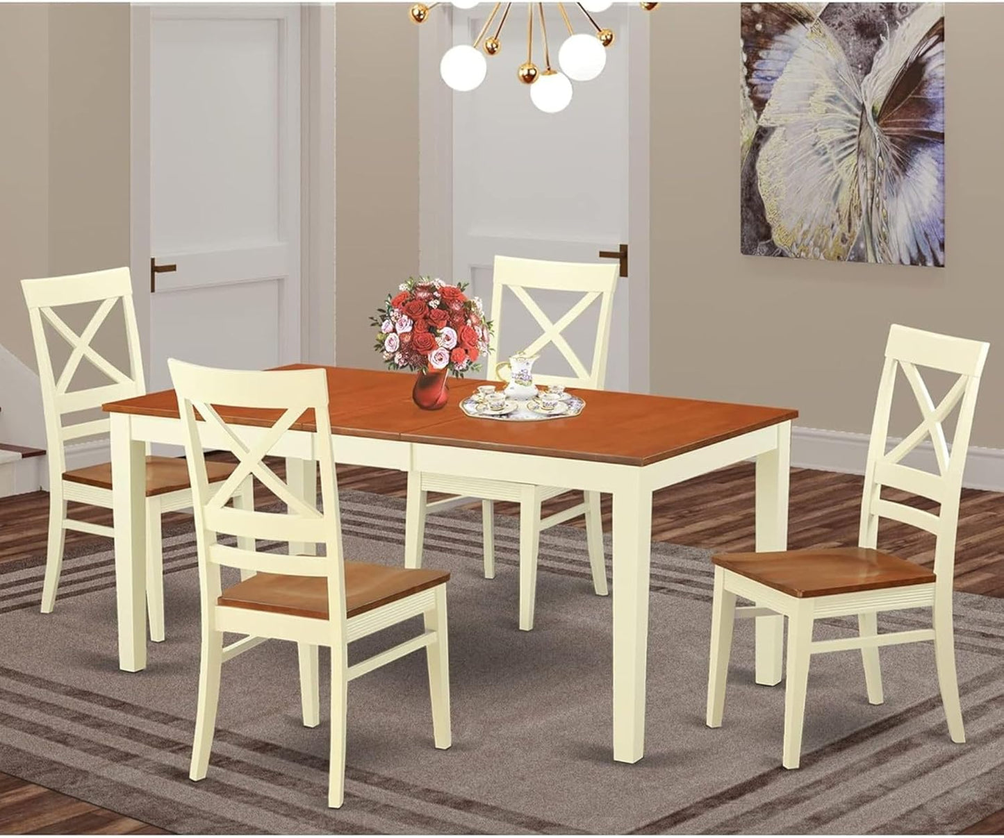 East West Furniture NIQU5-WHI-W 5 Piece Dining Set Includes a Rectangle Dining Table with Butterfly Leaf and 4 Kitchen Chairs, 36x66 Inch, Buttermilk & Cherry