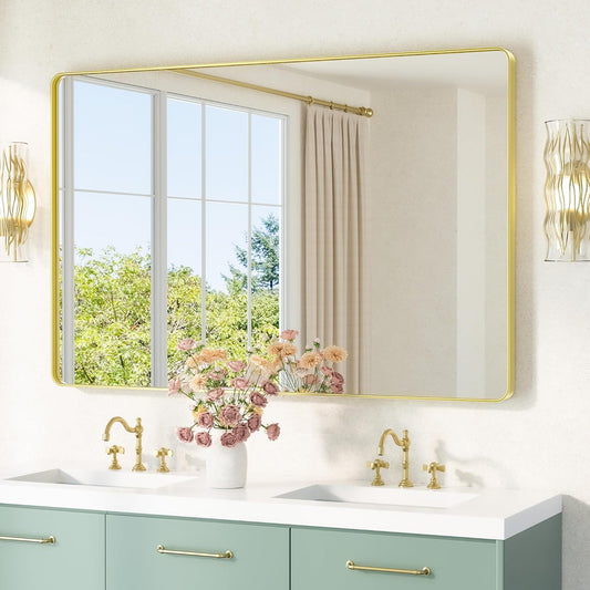TETOTE 55 x 36 Gold Bathroom Mirror Brushed Gold Metal Framed Vanity Mirror, Tempered Glass, Wall Mounted for Bathroom, Entryway, Bedroom, Living Room(Horizontal/Vertical)
