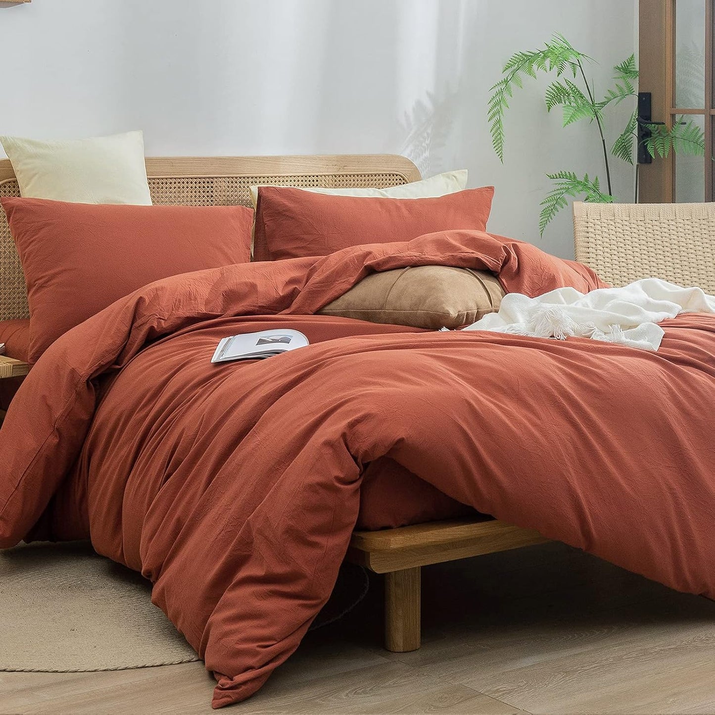 BESTOUCH Duvet Cover Set 100% Washed Cotton Linen Feel Super Soft Comfortable Chic Lightweight 3 PCs Home Bedding Set Solid Crimson Red Full/Double