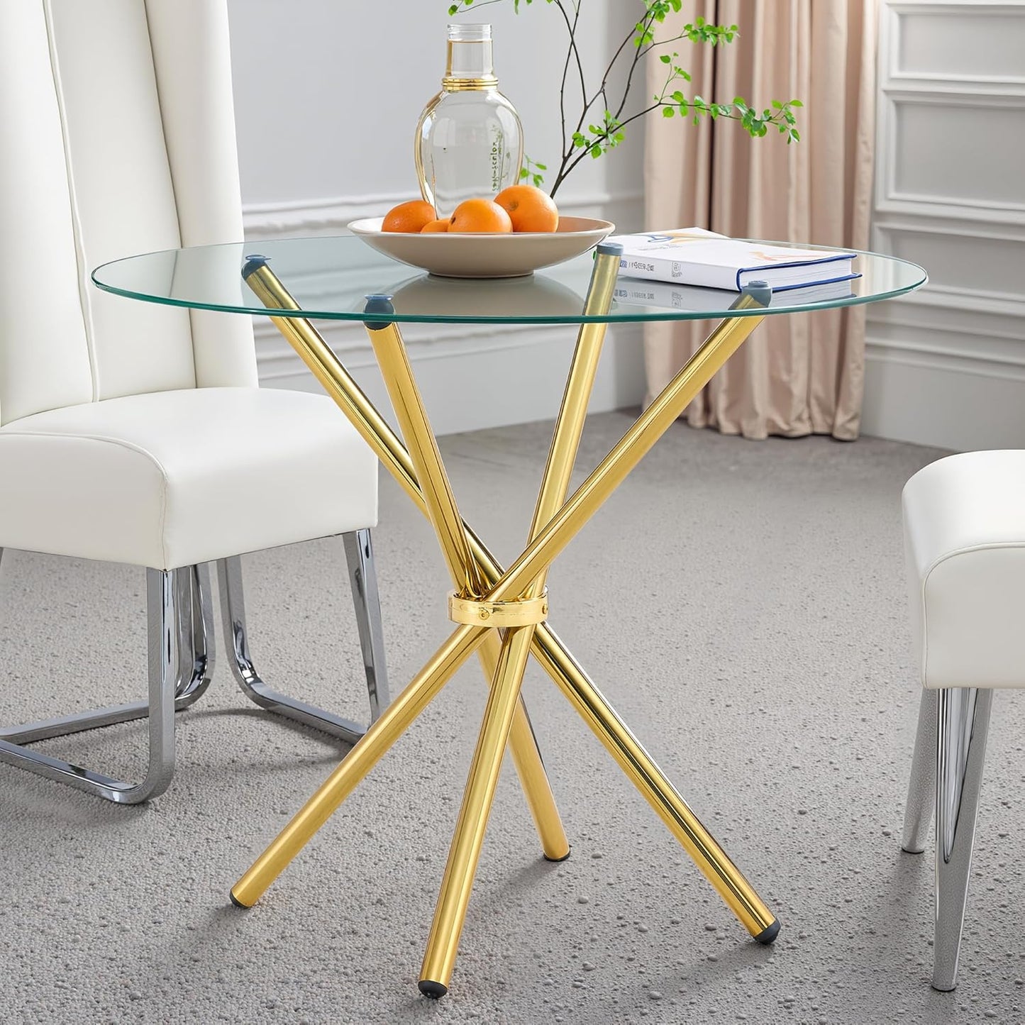 Kitchen Table for 2 Modern 36.6" Round Glass Table Small Tables with Trestle Metal Leg for Living Room and Apartment, Gold