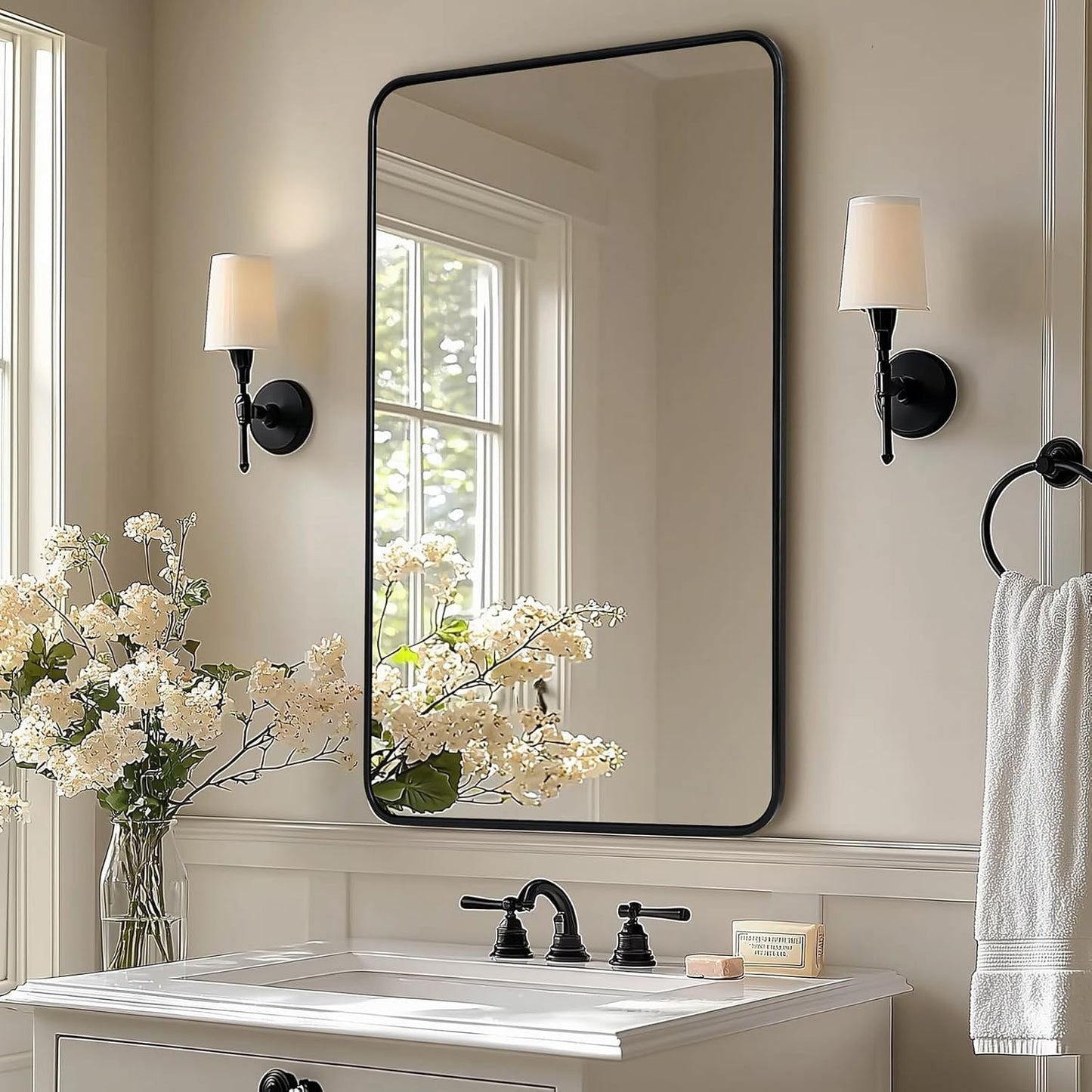 ANDY STAR Black Rectangle Mirror, 24x36 Inch Stainless Steel Metal Frame Bathroom Mirror for Over Sink, Modern Rounded Corner Black Vanity Wall Mirror, Hangs Horizontally or Vertically