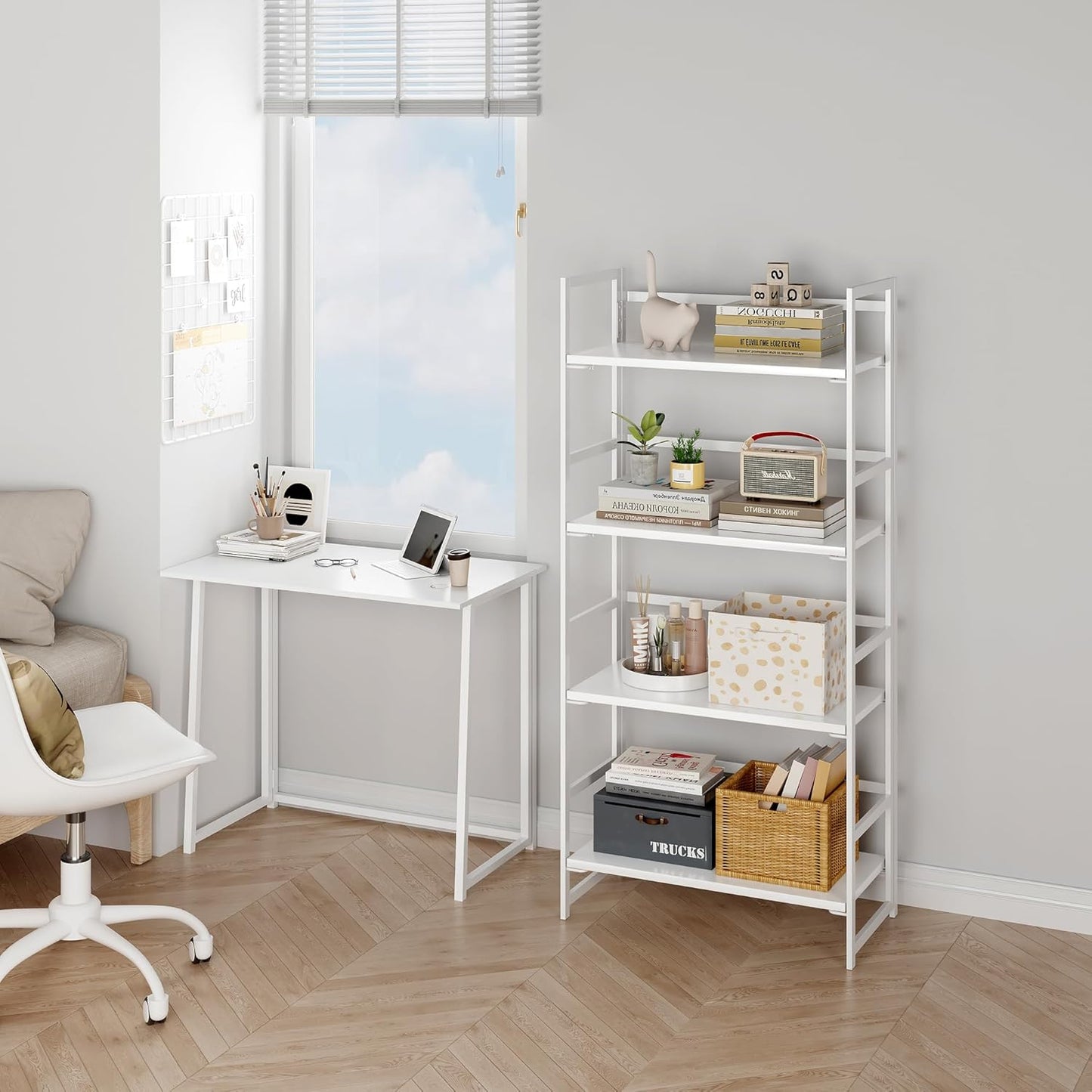 BHG Vintage Multifunctional Folding Bookshelf, No-Assembly Plant Stand Storage Rack Shelves for Home Office (All White, 4-Tier)