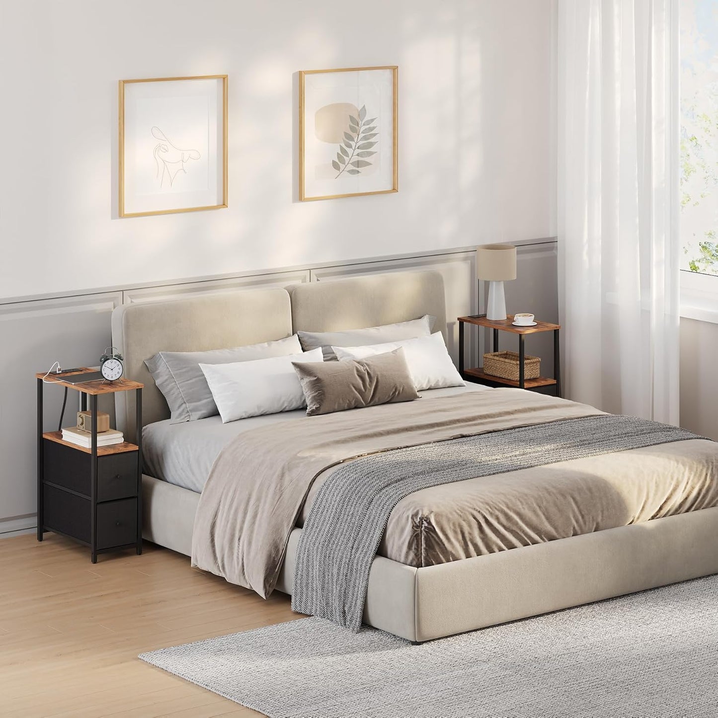 TUTOTAK Small Narrow End Table with Charging Station, Set of 2, Side Table with Outlets, Nightstand with 2 Cloth Drawers, Couch Table, for Living Room, Bedroom, Bedside, Brown and Black TB01BB055K