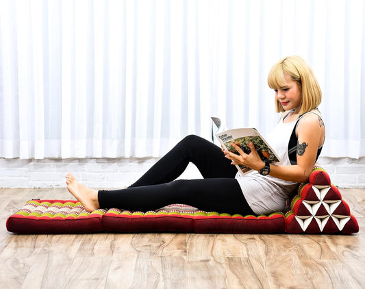 Leewadee - Comfortable Japanese Floor Mattress Used As Thai Floor Bed with Triangle Cushion, Futon Mattress Or Thai Massage Mat, 67 x 21 inches, Green Red