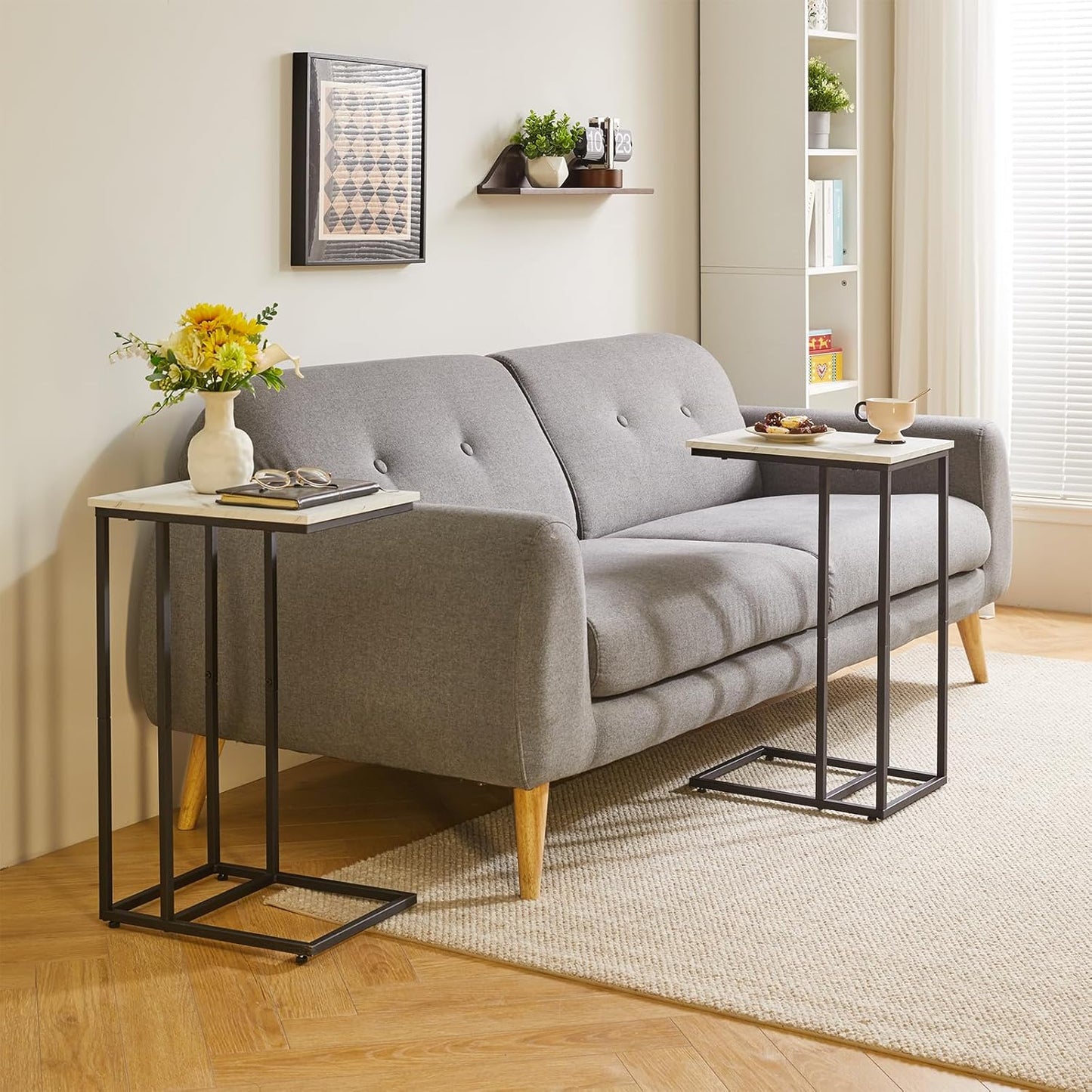 Side Table Small End Table C Shaped, Slide Under Laptop Desk for Couch, Living Room Side Table, TV Trays for Eating on Couch, Faux Marble+Black YD-TM051B