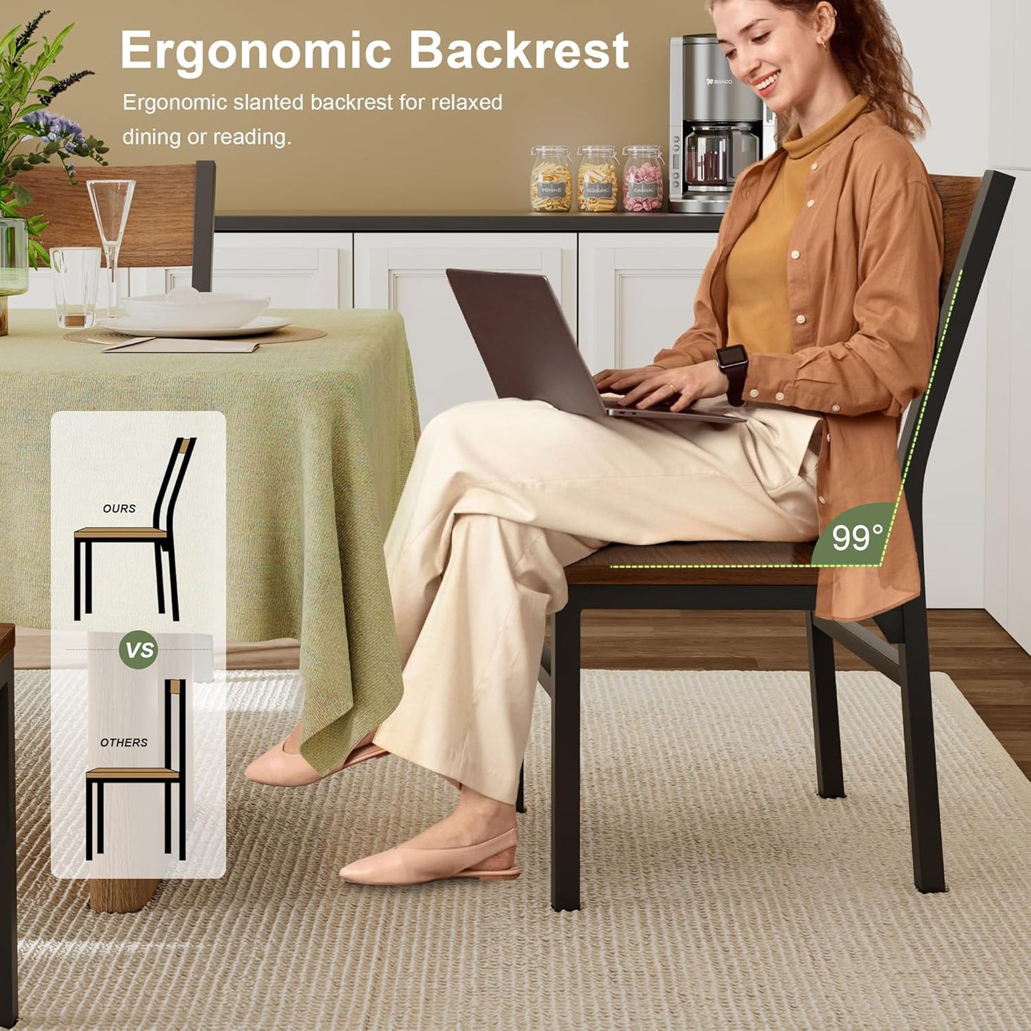 Feonase Dining Chairs Set of 6, Modern Kitchen Chairs with Ergonomic Backrest, MDF Board and Metal Legs, Dinner Chairs for Dining Room, Kitchen and Living Room, Walnut