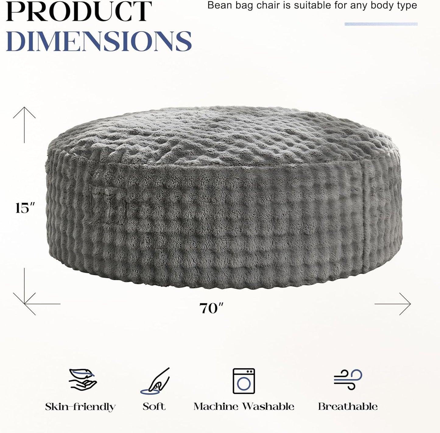 Hobestluk Bean Bag Chairs 6ft Beanbag Chair with Filler Adult Bean Bags with Fluffy & Machine Washable Cover, Giant Bean Bag Chairs for Adults (Grey, 6FT-70" x 70" x 15")