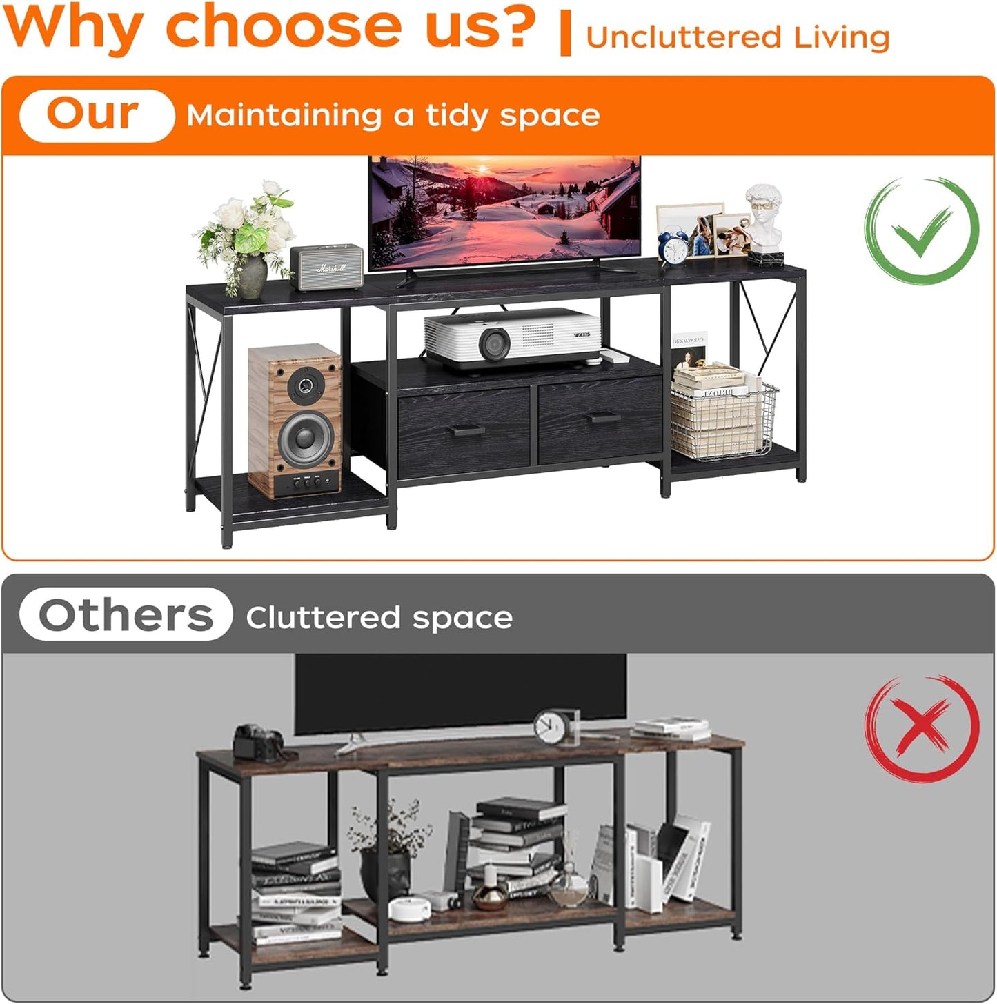 Homeiju TV Stand for TVs up to 75 Inch, Entertainment Center with Fabric Drawers, TV Media Console Table with Open Storage Shelves for Living Room, Bedroom, Black