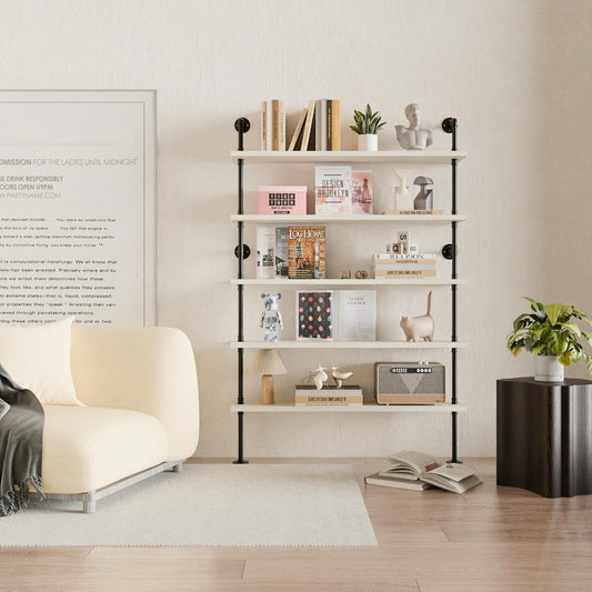 Pipe Industrial Ladder Shelves Bookcase, Wall Mounted Retro Wood Metal Pipe Rustic Bookshelf (White, 5 Tier - 10" D x 48" W x 70" H)