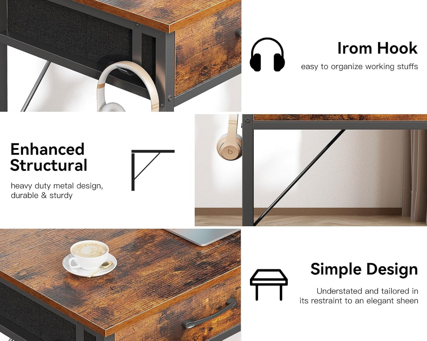 Casaottima 40 Inch Small Office Computer Desk with 2 Drawers & Headphone Hook - Compact Writing Desk for Home Office, Study or Work, Modern Space-Saving Design for Small Spaces, Pure Vintage