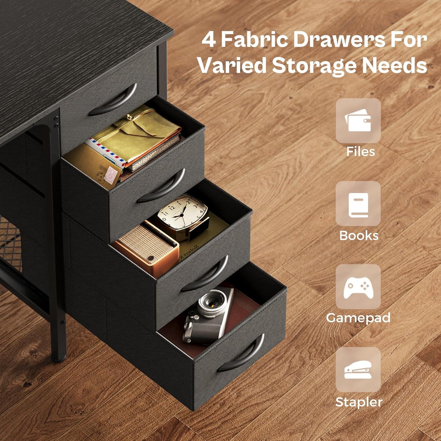 Huuger 47 Inch Computer Desk with 4 Drawers, Office Desk with Mesh Shelf, Gaming Desk, Large Storage, Writing Work Desk for Home Office, Study, Bedroom, Work from Home, Black