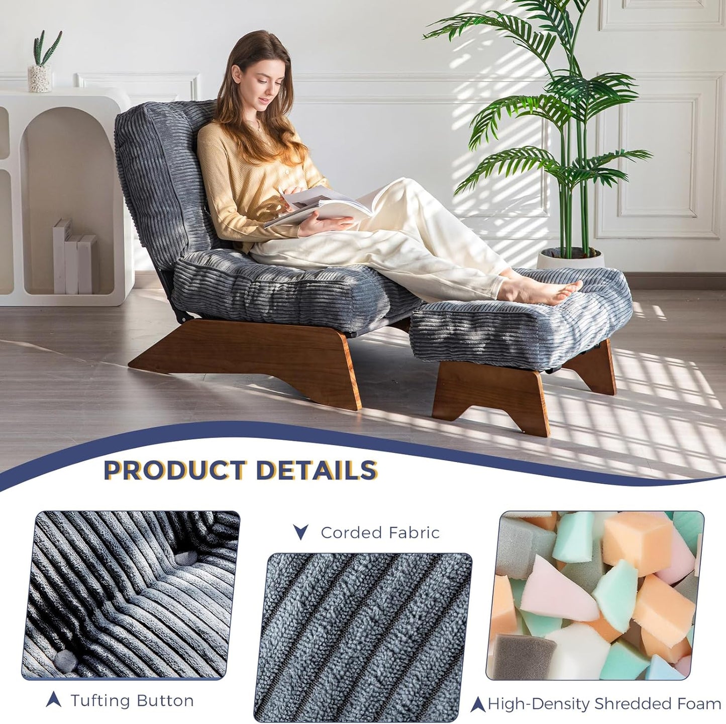 MAXYOYO Accent Chair with Ottoman Adjustable Backrest, Tufted Living Room Chair Upholstered Lounge Chair with Footrest Set, Modern Chair Cozy Reclining Chair for Reading Room, Dark Grey