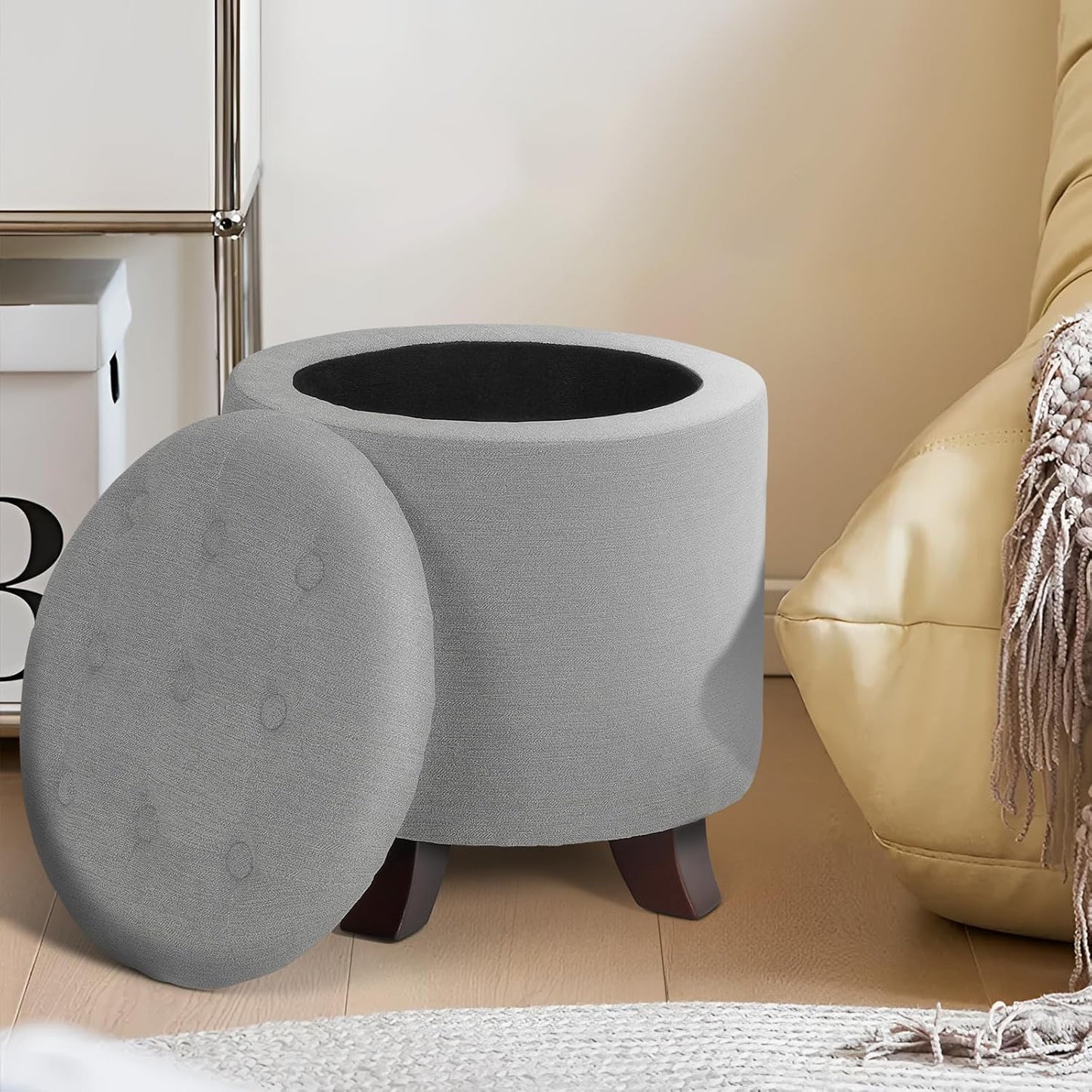 Athena Collection 15 Inch Small Ottoman with Storage, Round Linen Fabric Storage Ottoman Foot Rest with Removable Lid, Multipurpose Footstool Footrest for Living Room, Bedroom, Dorm, Grey