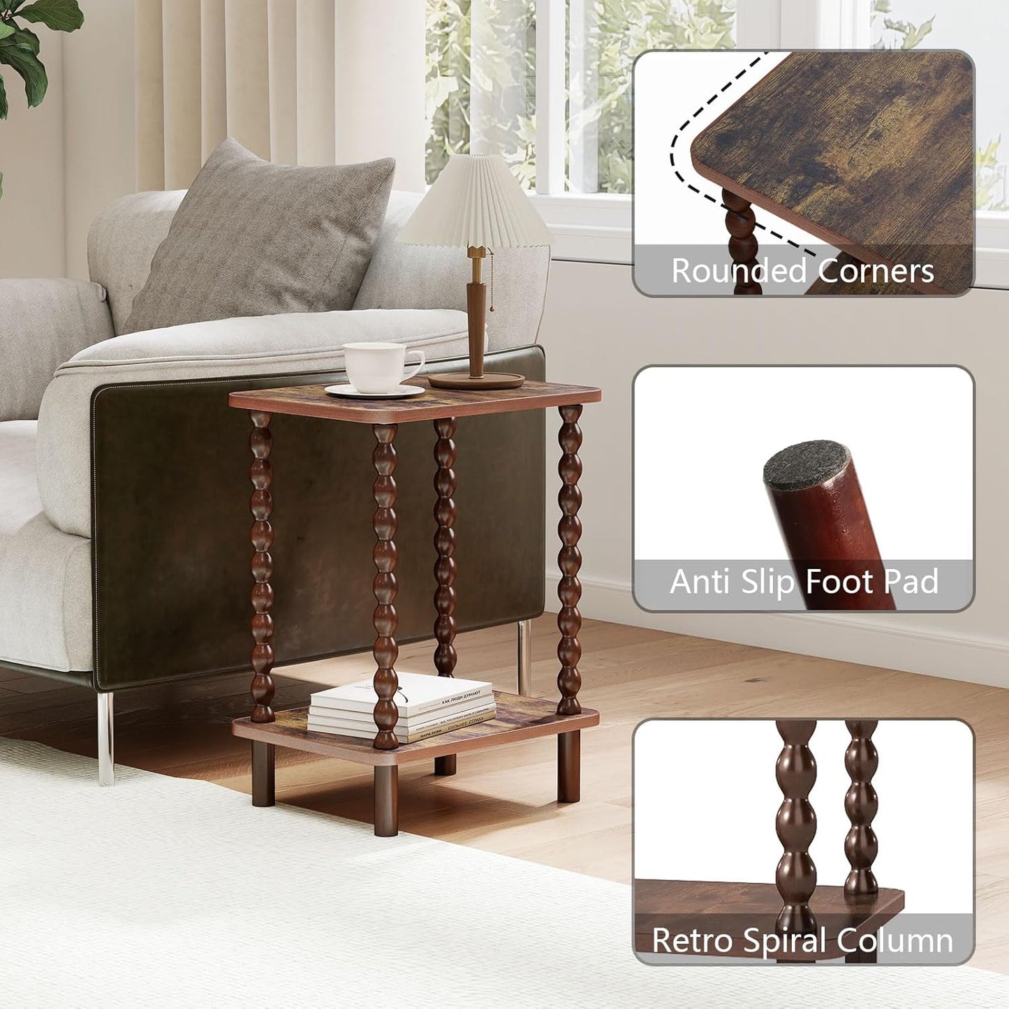 2-Tier End Table,Vintage Side Table,Solid Wood Bedside Table with Storage Rack,for Living Rooms, bedrooms, and Narrow Spaces (Rustic Brown)