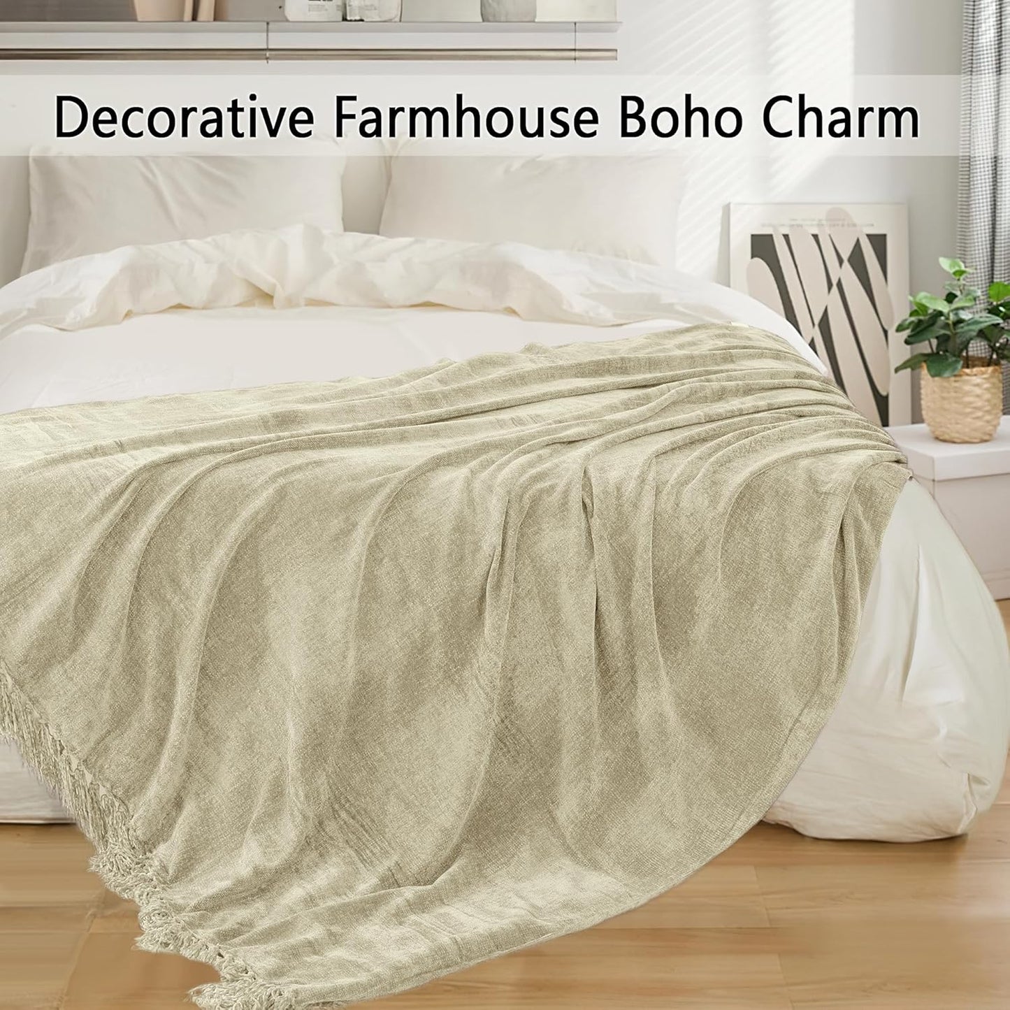 Chenille Throw Blanket for Couch 50"X 60", Soft Cozy Throws with Fringe Tassel for Bed Sofa Chair Cover, Lightweight Knitted Decorative Boho Blankets for Living Room, Light Beige