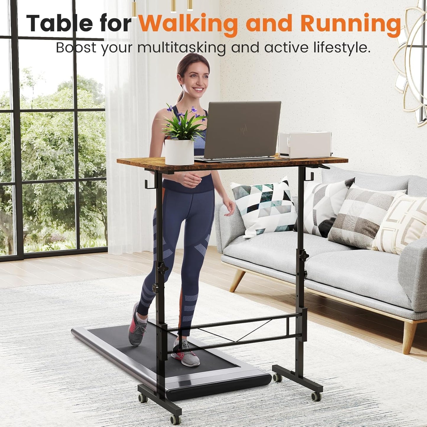 Hadulcet Small Standing Desk Adjustable Height, Rolling Desk for Standing or Sitting, Portable Computer Desk for Walking Pad, Rustic Brown