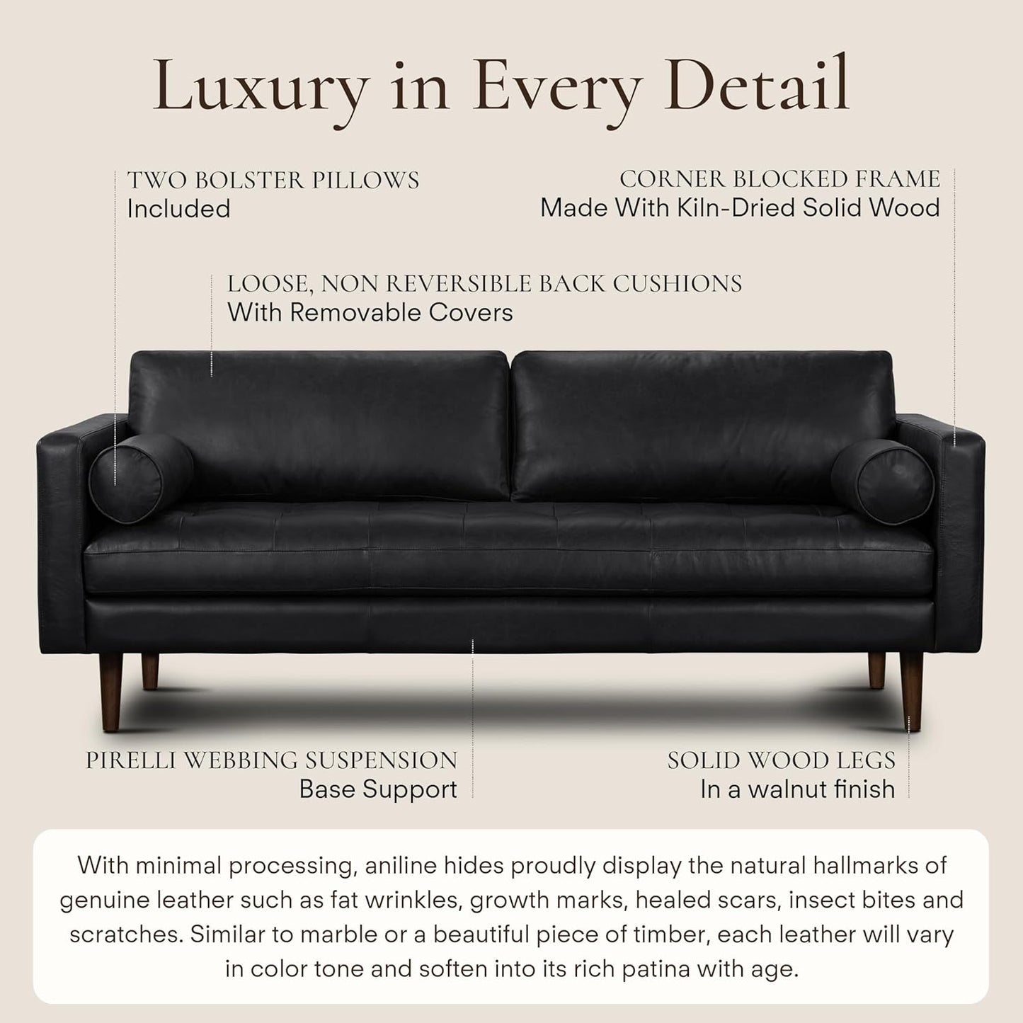 Poly & Bark Napa Leather Couch - 88.5-Inch Office Sofa with 2 Bolsters - Full-Grain Leather Sofa for Living Room with Feather-Down Topper - Living Room Couch - Vintage Italian Leather in Onyx Black