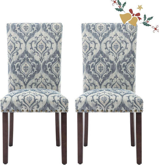 Parsons Dining Chairs Set of 2, Upholstered Nailhead Dining Room Kitchen Side Chair with Thick Cushions and Wood Legs, White/Blue