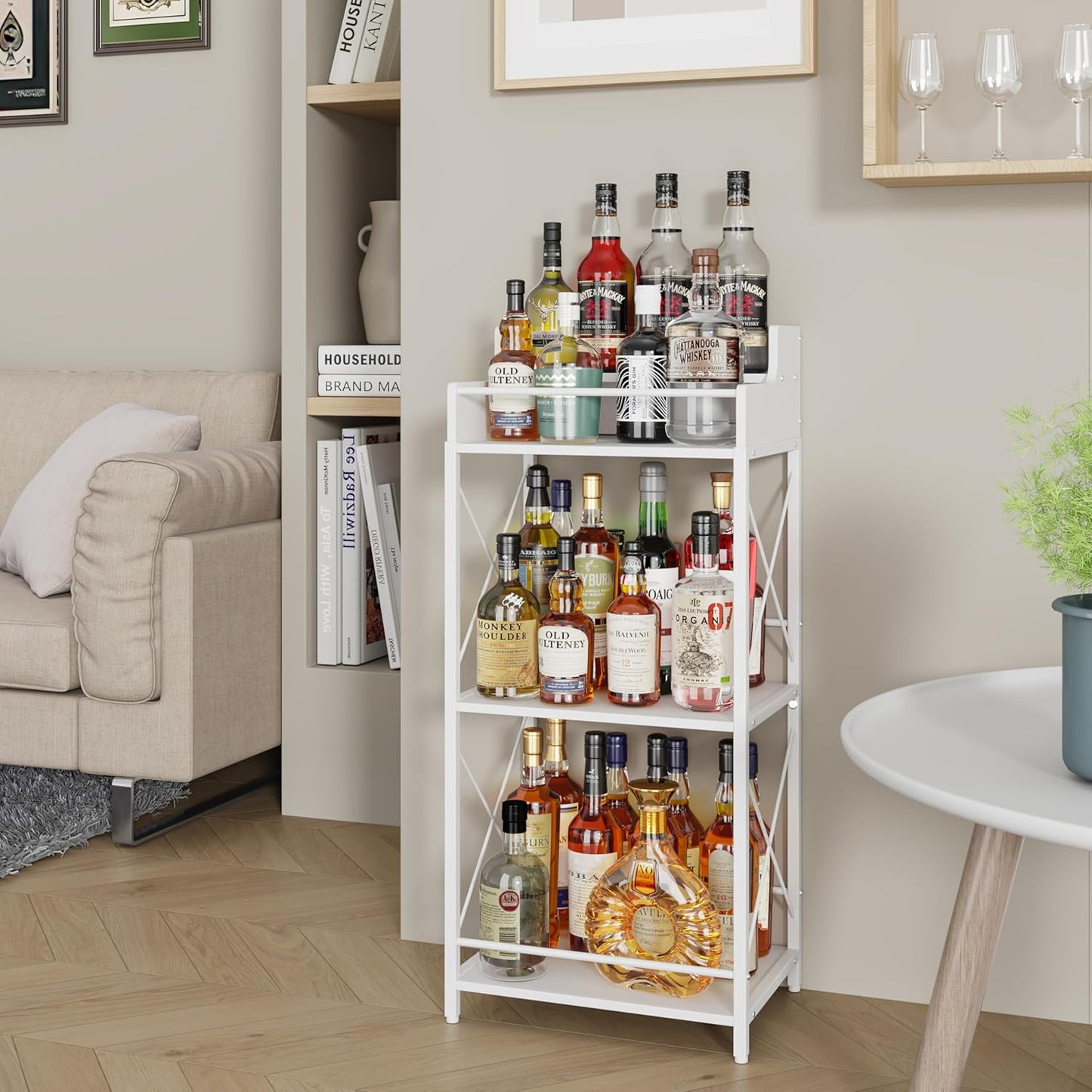 KLM Liquor Bottle Display Shelf, Liquor Cabinet bar for Home, 4 Step Liquor cabinetck, Mini bar,Liquor Cabinet, Home Retro Bar Shelf Stand for Liquor Whiskey, Spirits (White)